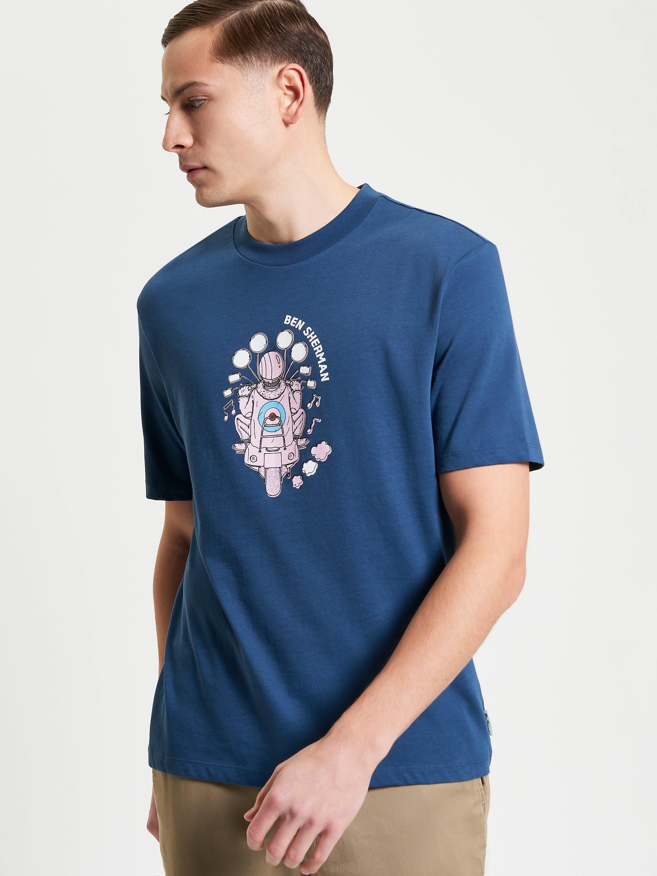 Product image 1 of 5, which shows Ben Sherman Organic Cotton Regular Fit Mod Scooter Graphic T-Shirt, Indigo/Multi, S