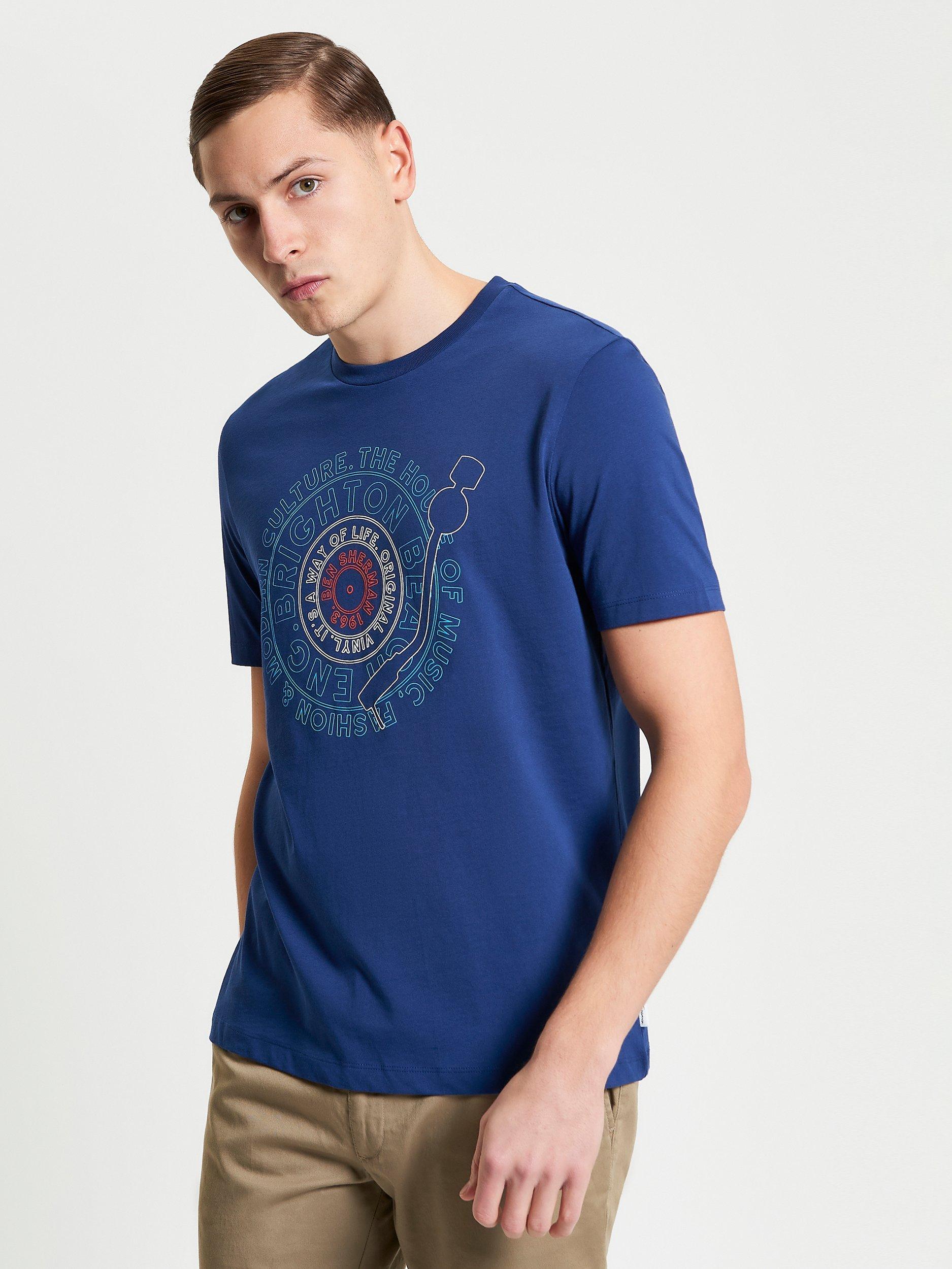 Product image 1 of 5, which shows Ben Sherman Organic Cotton Regular Fit Record Graphic T-Shirt, Royal Blue, S