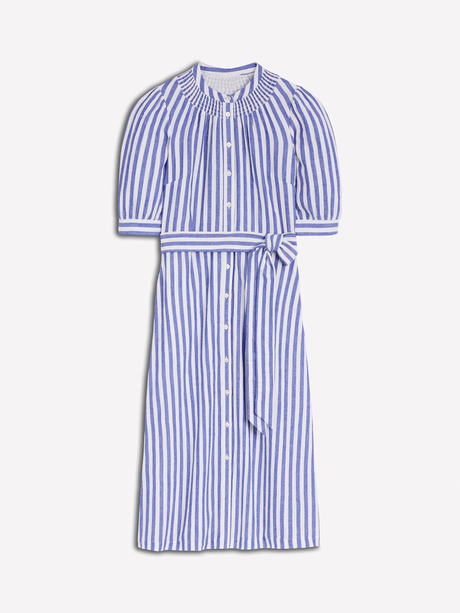 Product image 1 of 5, which shows Boden Ada Striped Double Cloth Puff Sleeve Cotton Midi Shirt Dress, Bright Blue/Multi, 8
