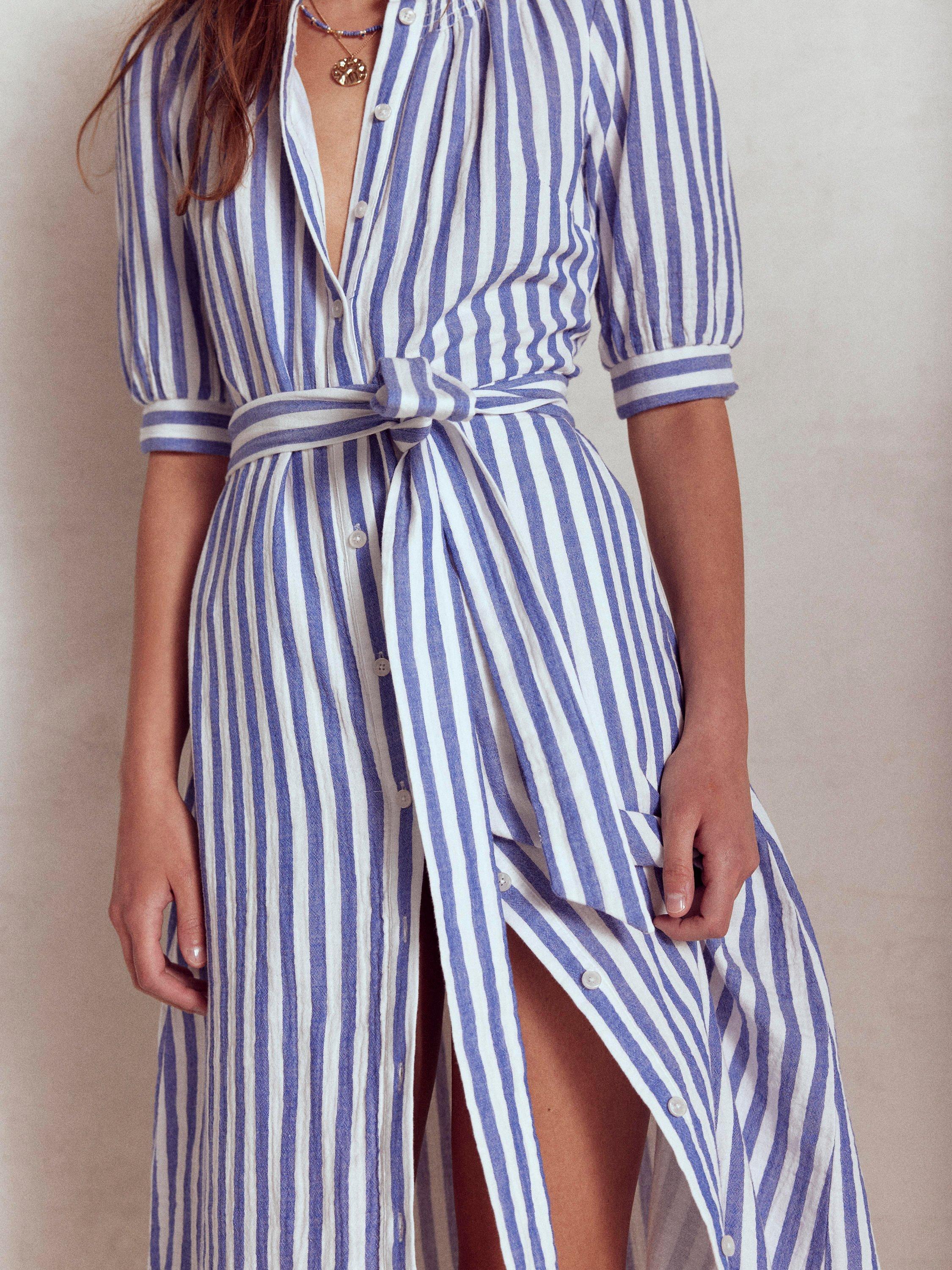 Product image 3 of 5, which shows Boden Ada Striped Double Cloth Puff Sleeve Cotton Midi Shirt Dress, Bright Blue/Multi, 8