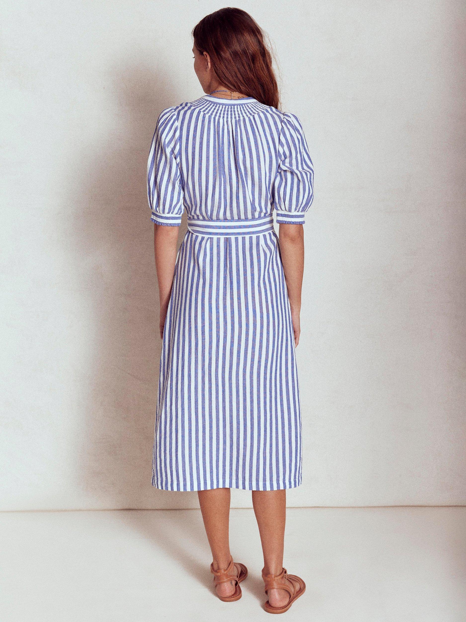 Product image 4 of 5, which shows Boden Ada Striped Double Cloth Puff Sleeve Cotton Midi Shirt Dress, Bright Blue/Multi, 8