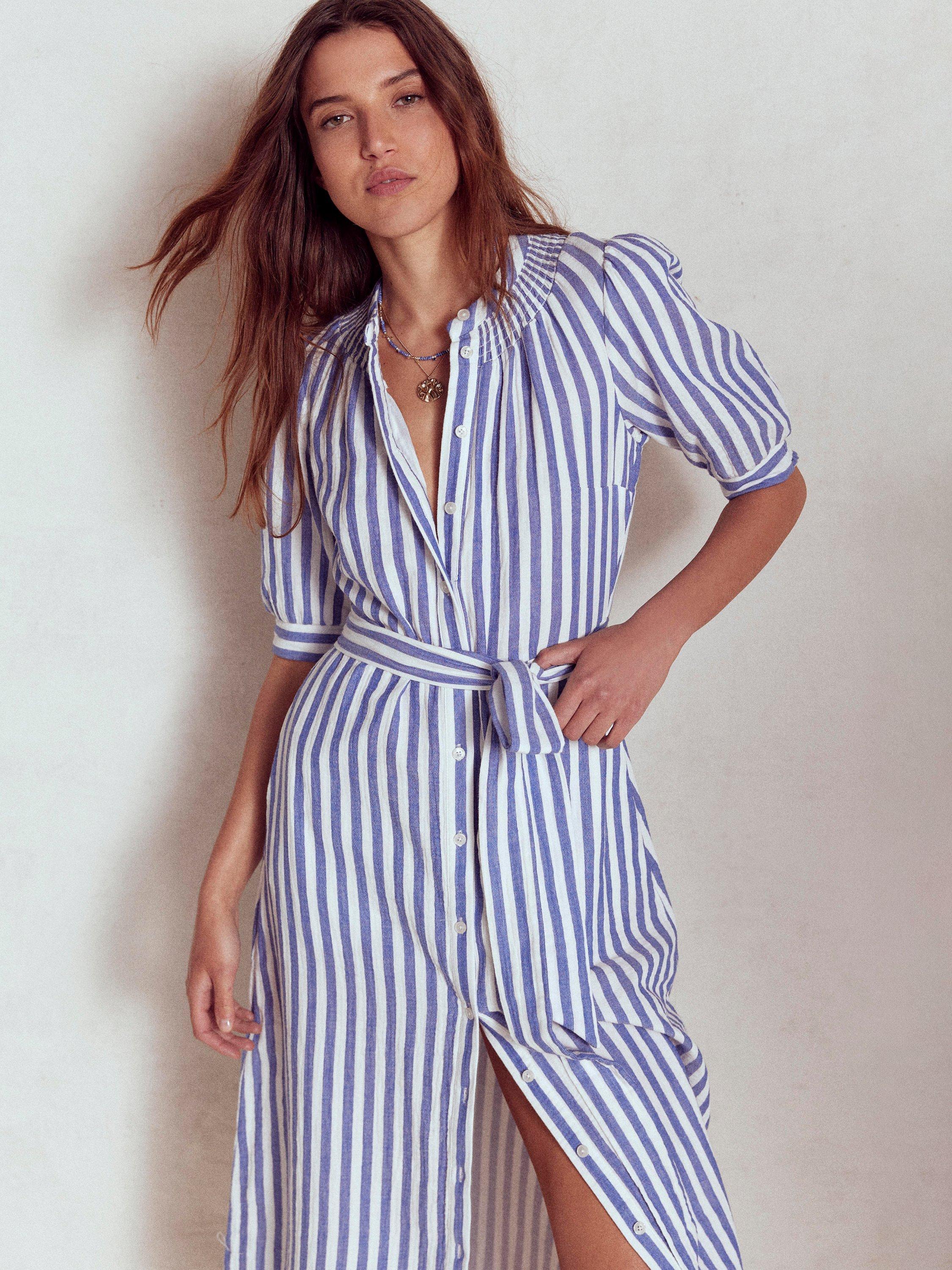 Product image 5 of 5, which shows Boden Ada Striped Double Cloth Puff Sleeve Cotton Midi Shirt Dress, Bright Blue/Multi, 8