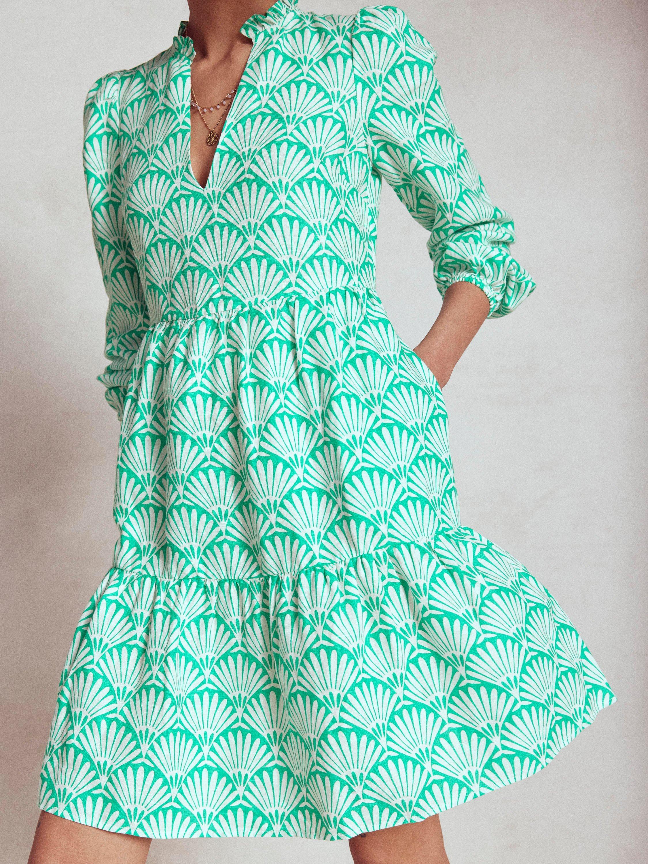 Product image 2 of 5, which shows Boden Esme Abstract Print Tiered V-Neck Linen Mini Dress, Blue/Multi, 8