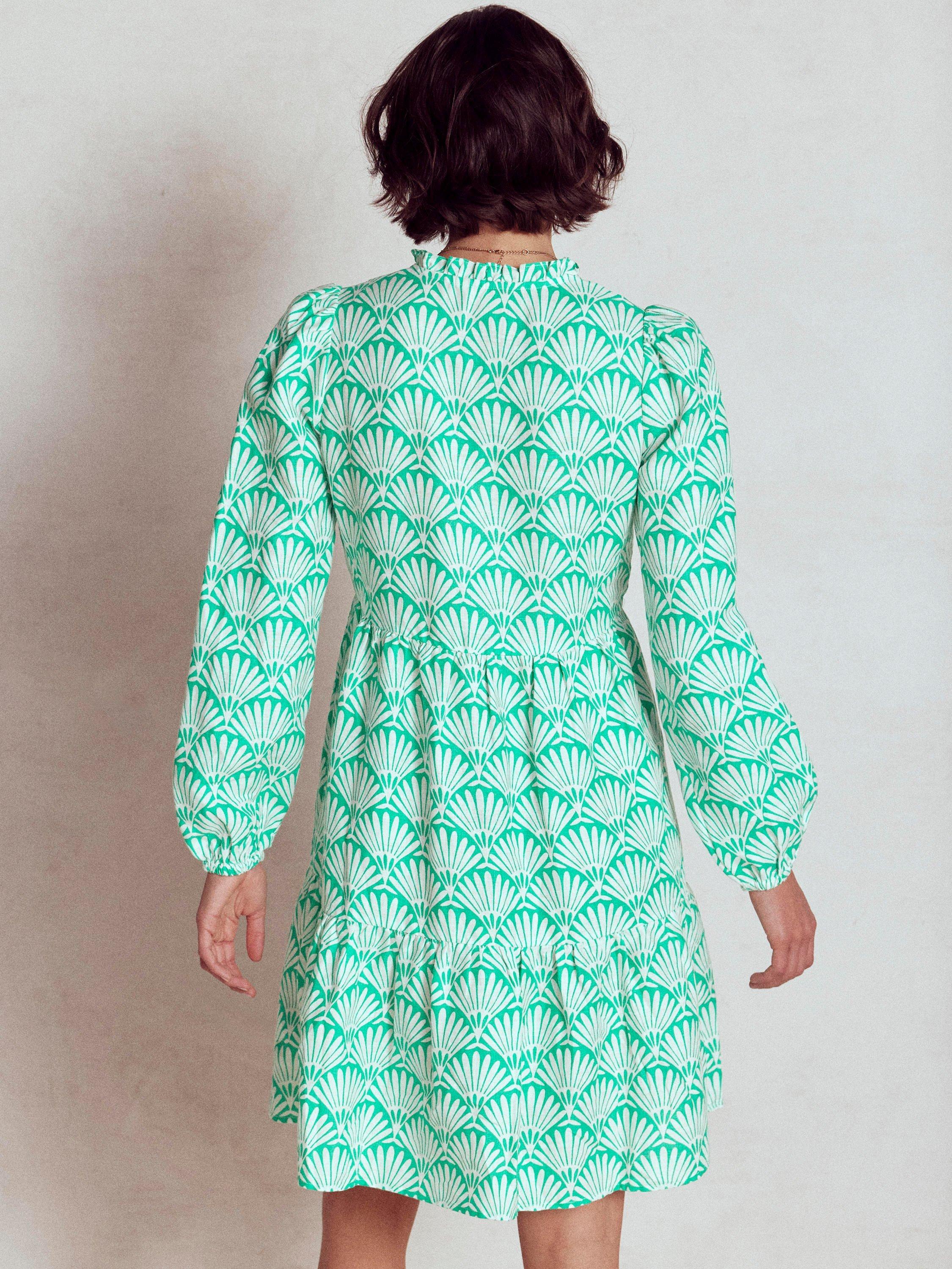 Product image 3 of 5, which shows Boden Esme Abstract Print Tiered V-Neck Linen Mini Dress, Blue/Multi, 8