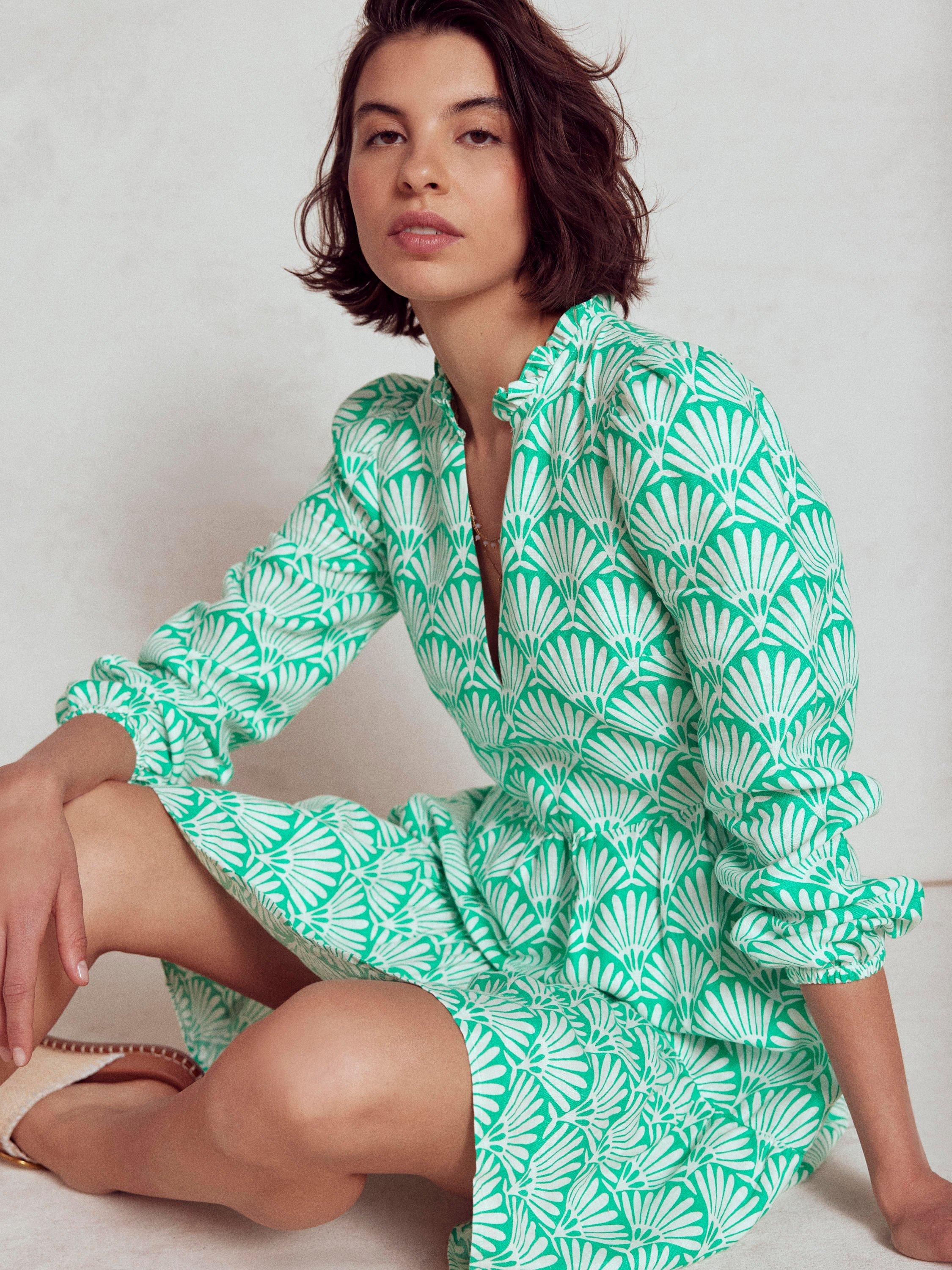 Product image 4 of 5, which shows Boden Esme Abstract Print Tiered V-Neck Linen Mini Dress, Blue/Multi, 8