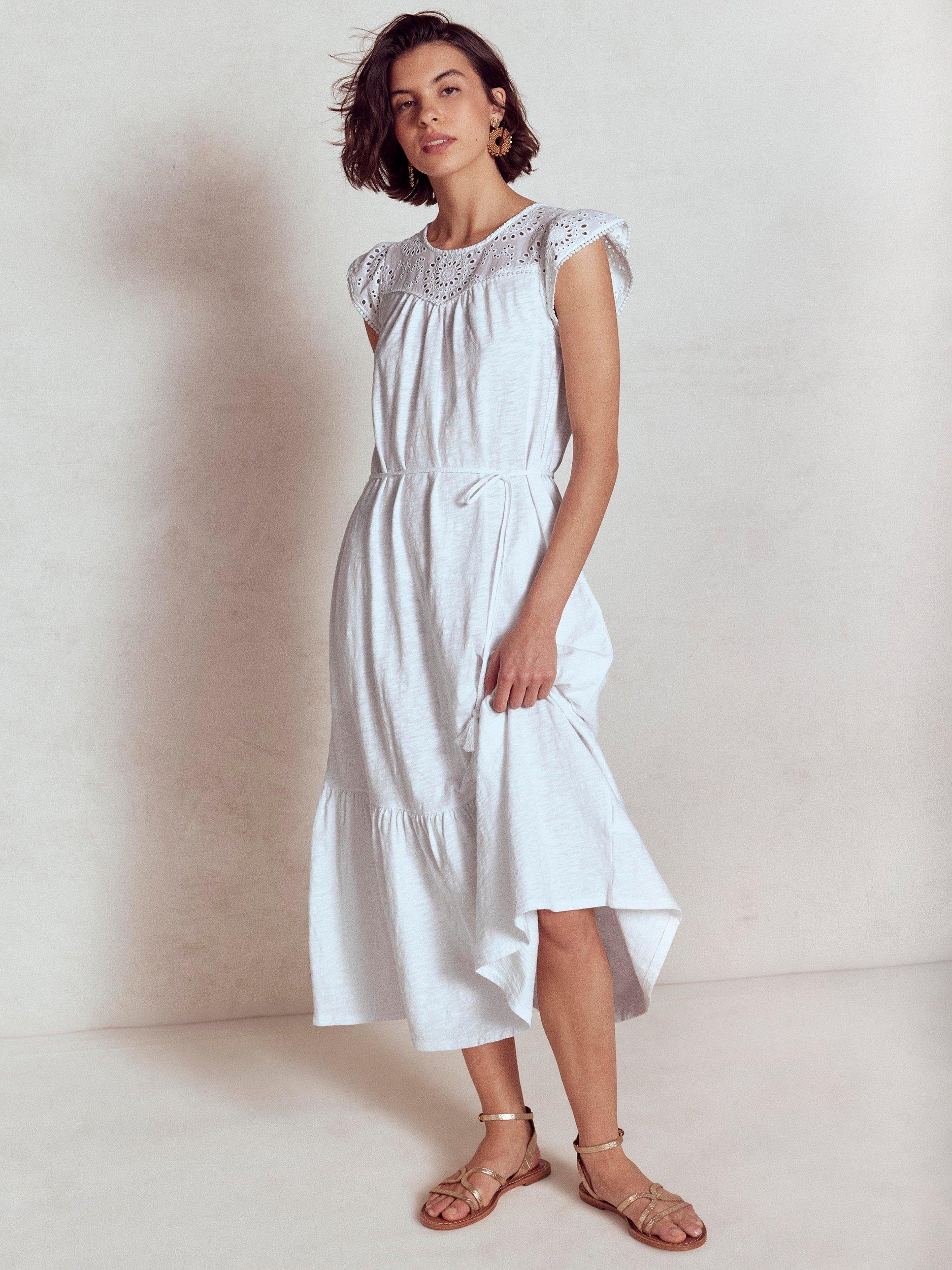Product image 1 of 5, which shows Boden Juliet Broderie Cutwork Notch Neck Tiered Cap Sleeve Midi Dress, White, 16
