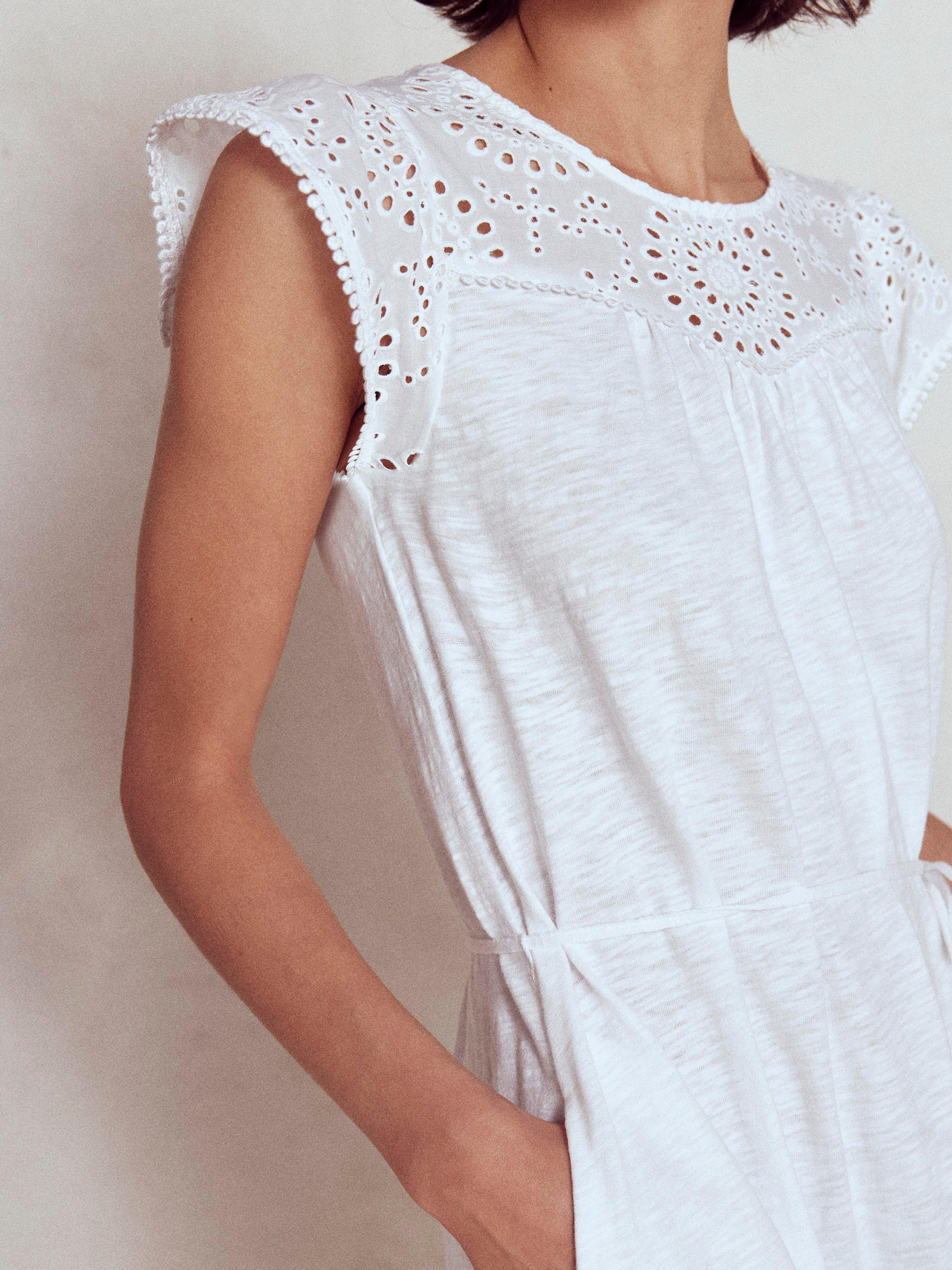 Product image 2 of 5, which shows Boden Juliet Broderie Cutwork Notch Neck Tiered Cap Sleeve Midi Dress, White, 16