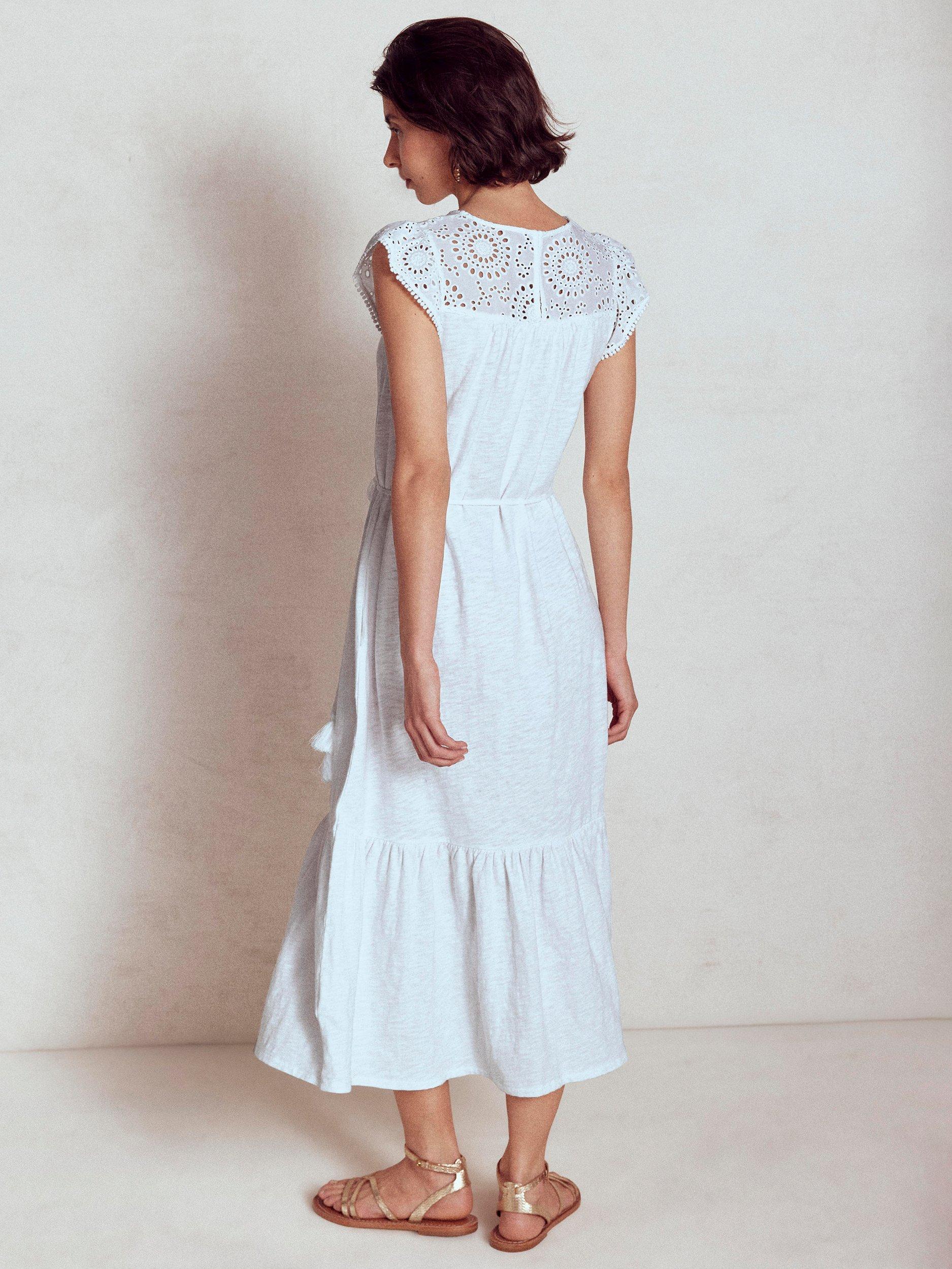 Product image 3 of 5, which shows Boden Juliet Broderie Cutwork Notch Neck Tiered Cap Sleeve Midi Dress, White, 16