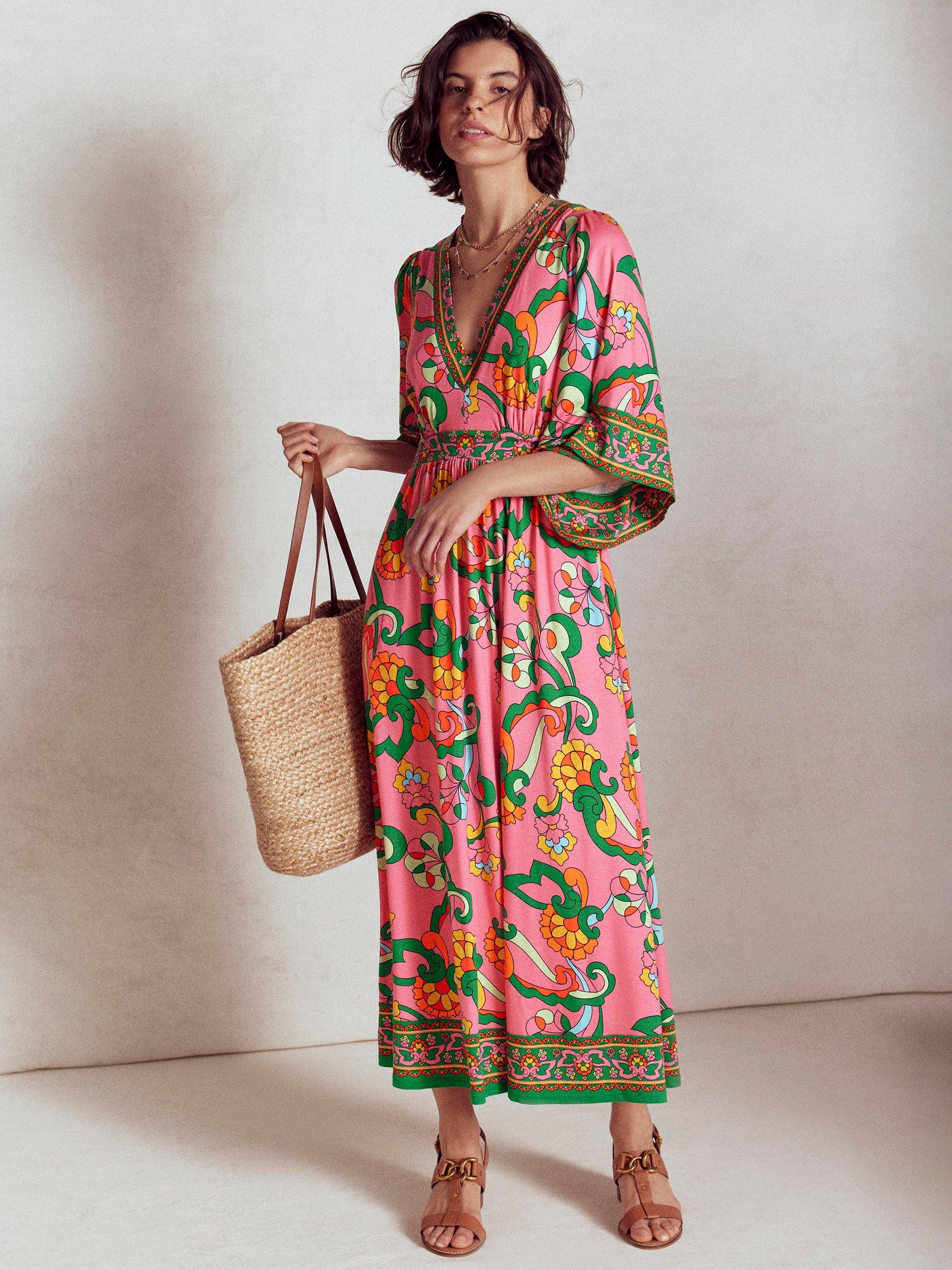 Product image 1 of 5, which shows Boden Maya Flared Floral Kimono Jersey Maxi Dress, Pink/Multi, 10