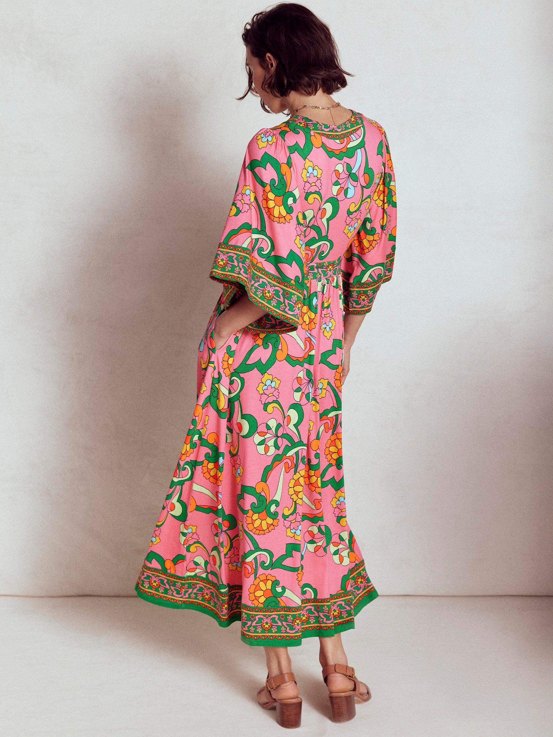 Product image 3 of 5, which shows Boden Maya Flared Floral Kimono Jersey Maxi Dress, Pink/Multi, 10