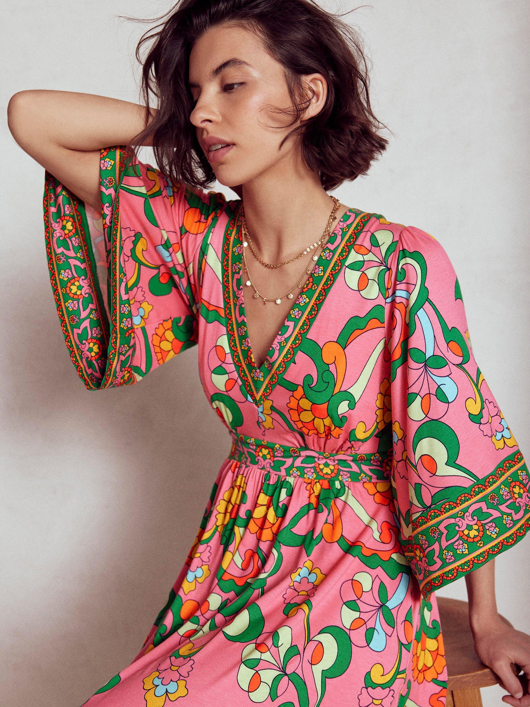 Product image 4 of 5, which shows Boden Maya Flared Floral Kimono Jersey Maxi Dress, Pink/Multi, 10