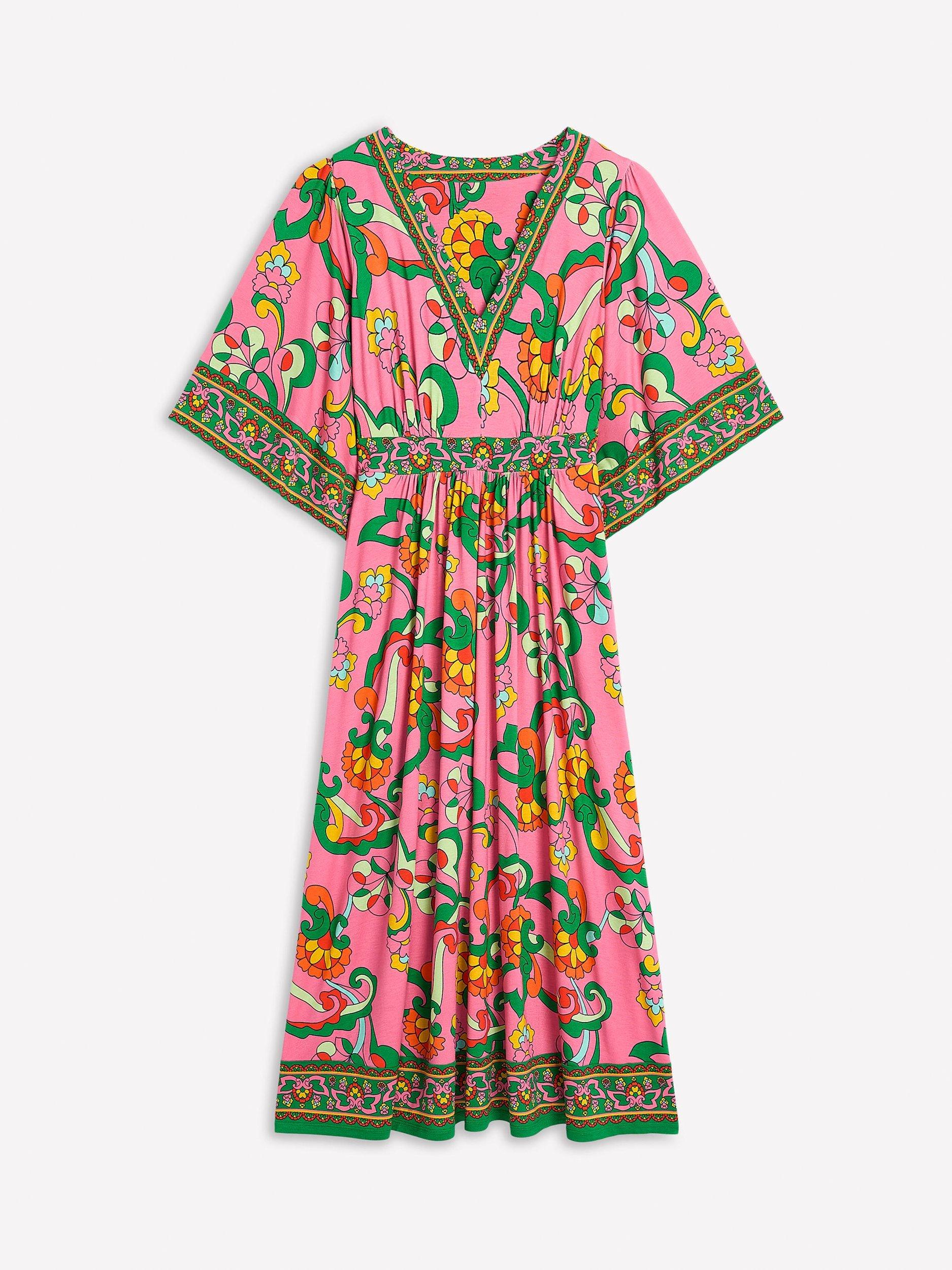 Product image 5 of 5, which shows Boden Maya Flared Floral Kimono Jersey Maxi Dress, Pink/Multi, 10