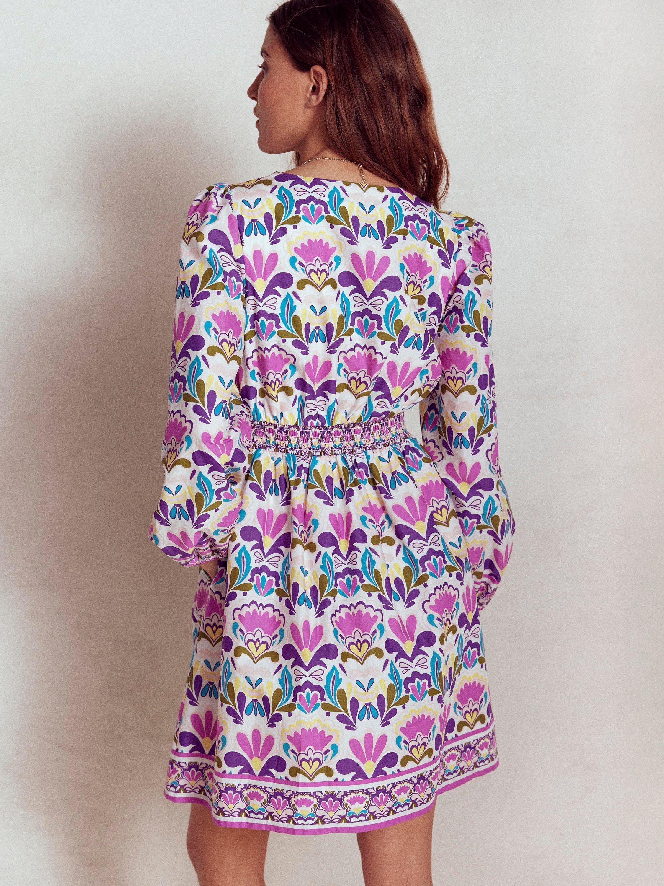 Product image 2 of 3, which shows Boden Mya Floral Long Sleeve Cotton Smocked Mini Dress, Purple/Multi, 10