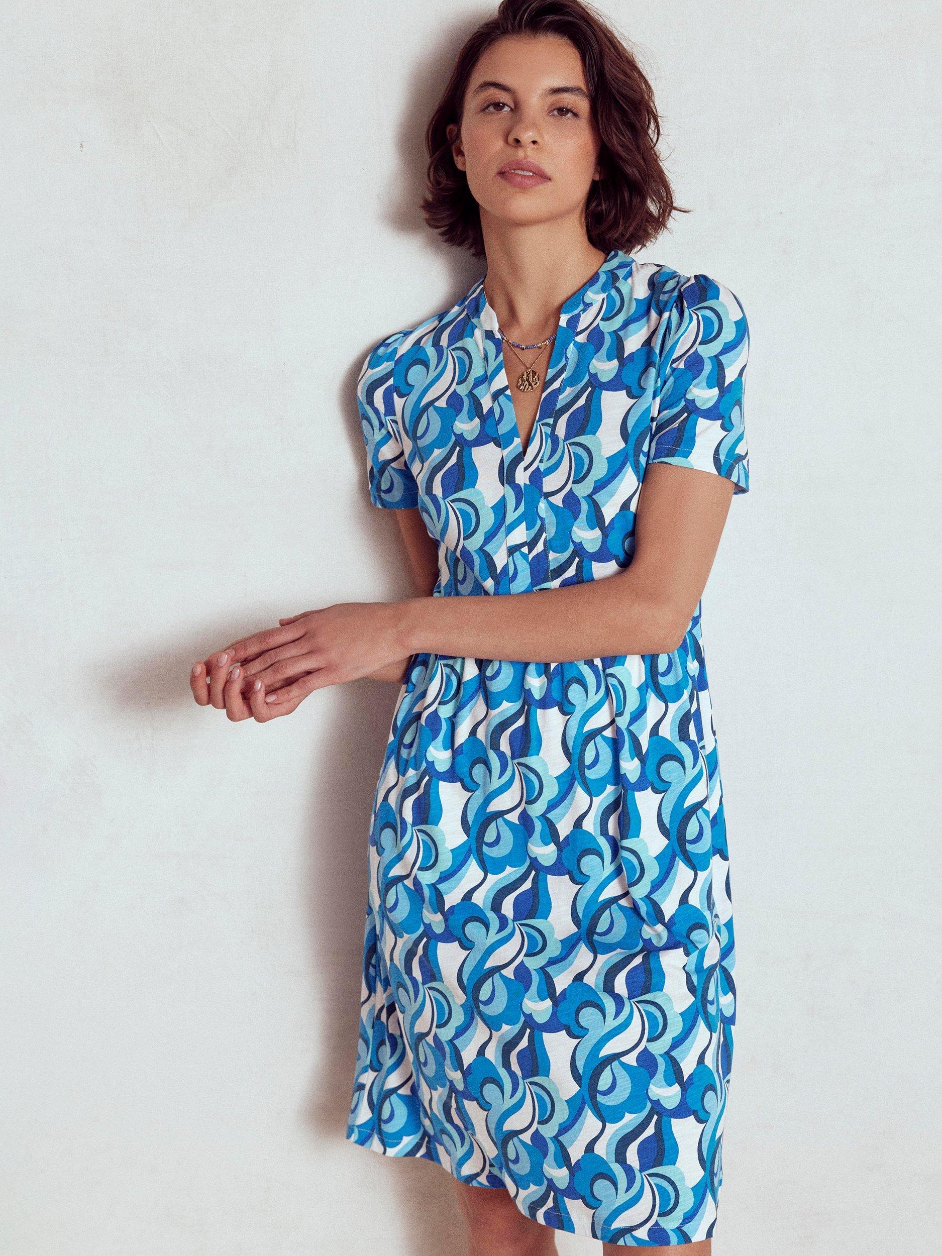 Product image 1 of 5, which shows Boden Naomi Abstract Swirl A-Line Short Sleeved Cotton Blend Dress, Blue/Multi, 10