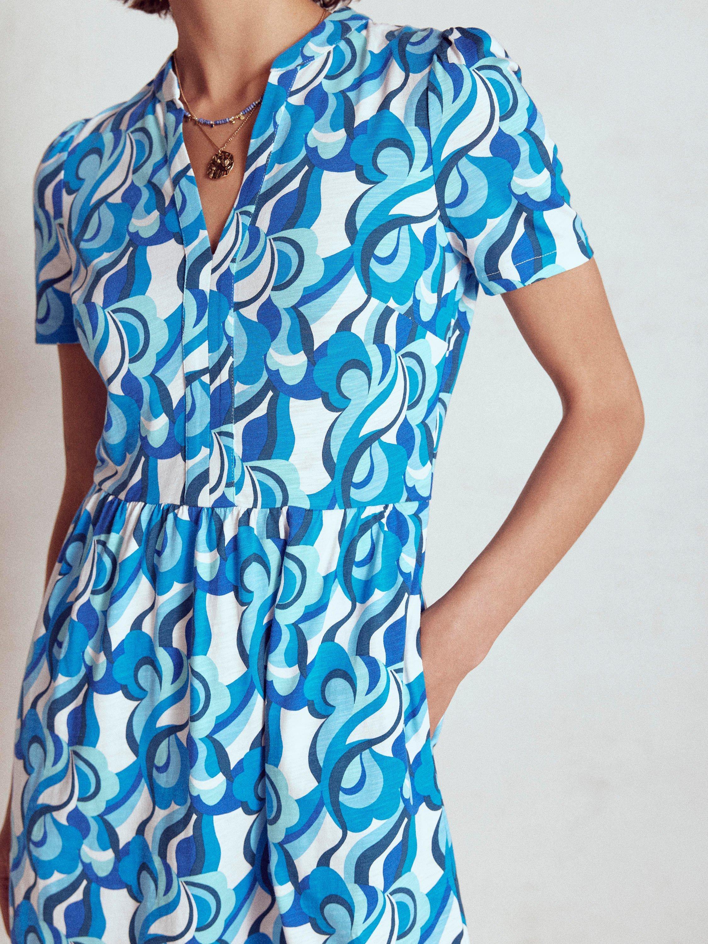 Product image 2 of 5, which shows Boden Naomi Abstract Swirl A-Line Short Sleeved Cotton Blend Dress, Blue/Multi, 10