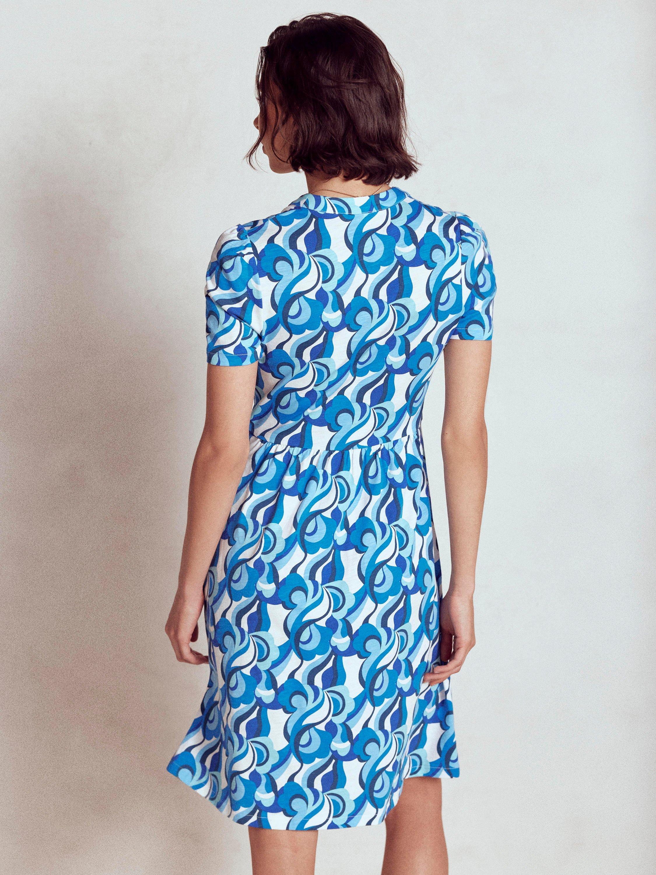 Product image 3 of 5, which shows Boden Naomi Abstract Swirl A-Line Short Sleeved Cotton Blend Dress, Blue/Multi, 10