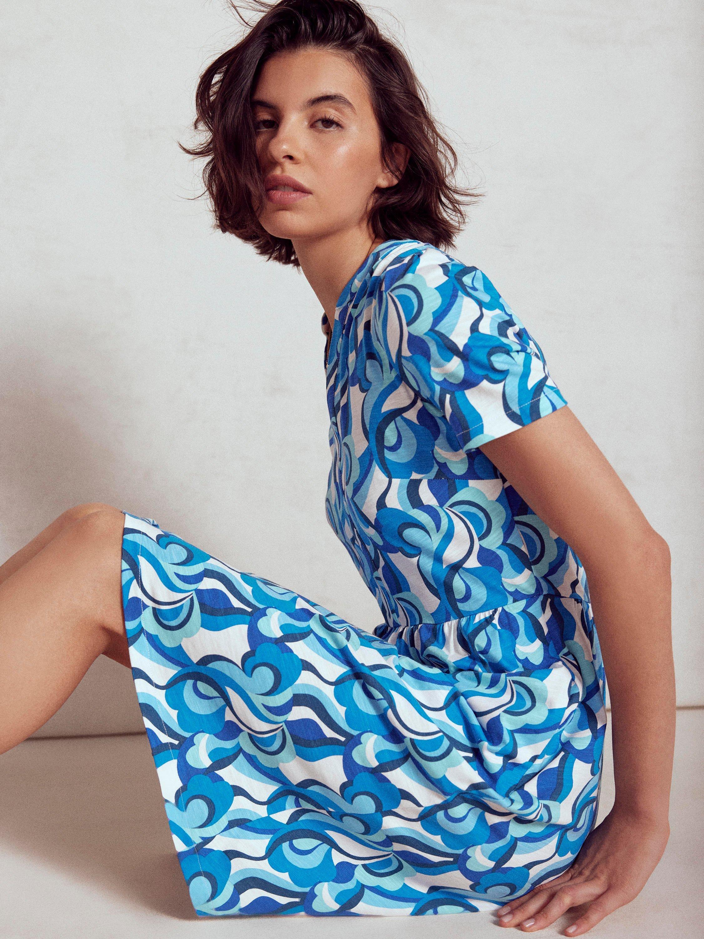 Product image 4 of 5, which shows Boden Naomi Abstract Swirl A-Line Short Sleeved Cotton Blend Dress, Blue/Multi, 10