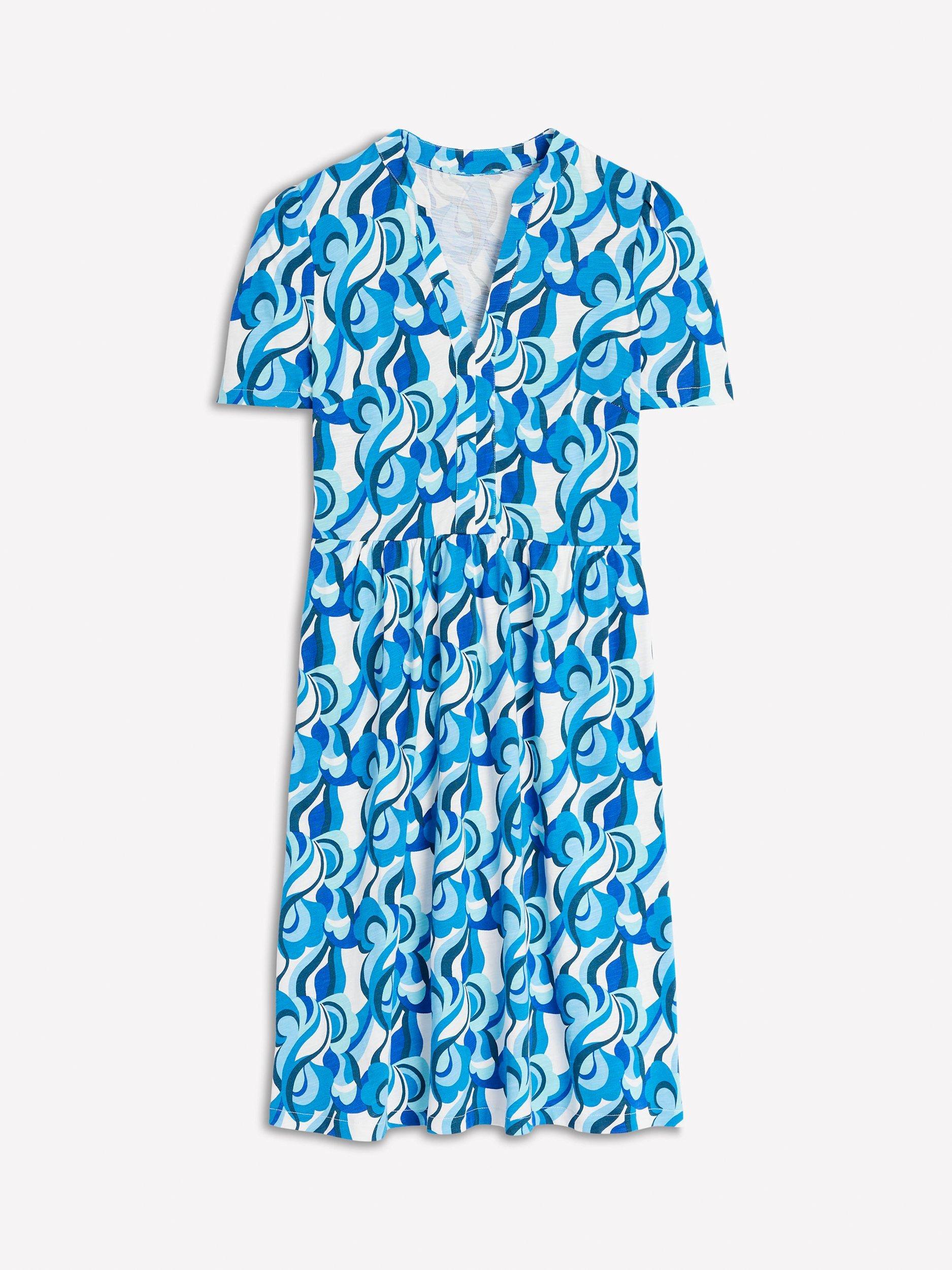 Product image 5 of 5, which shows Boden Naomi Abstract Swirl A-Line Short Sleeved Cotton Blend Dress, Blue/Multi, 10