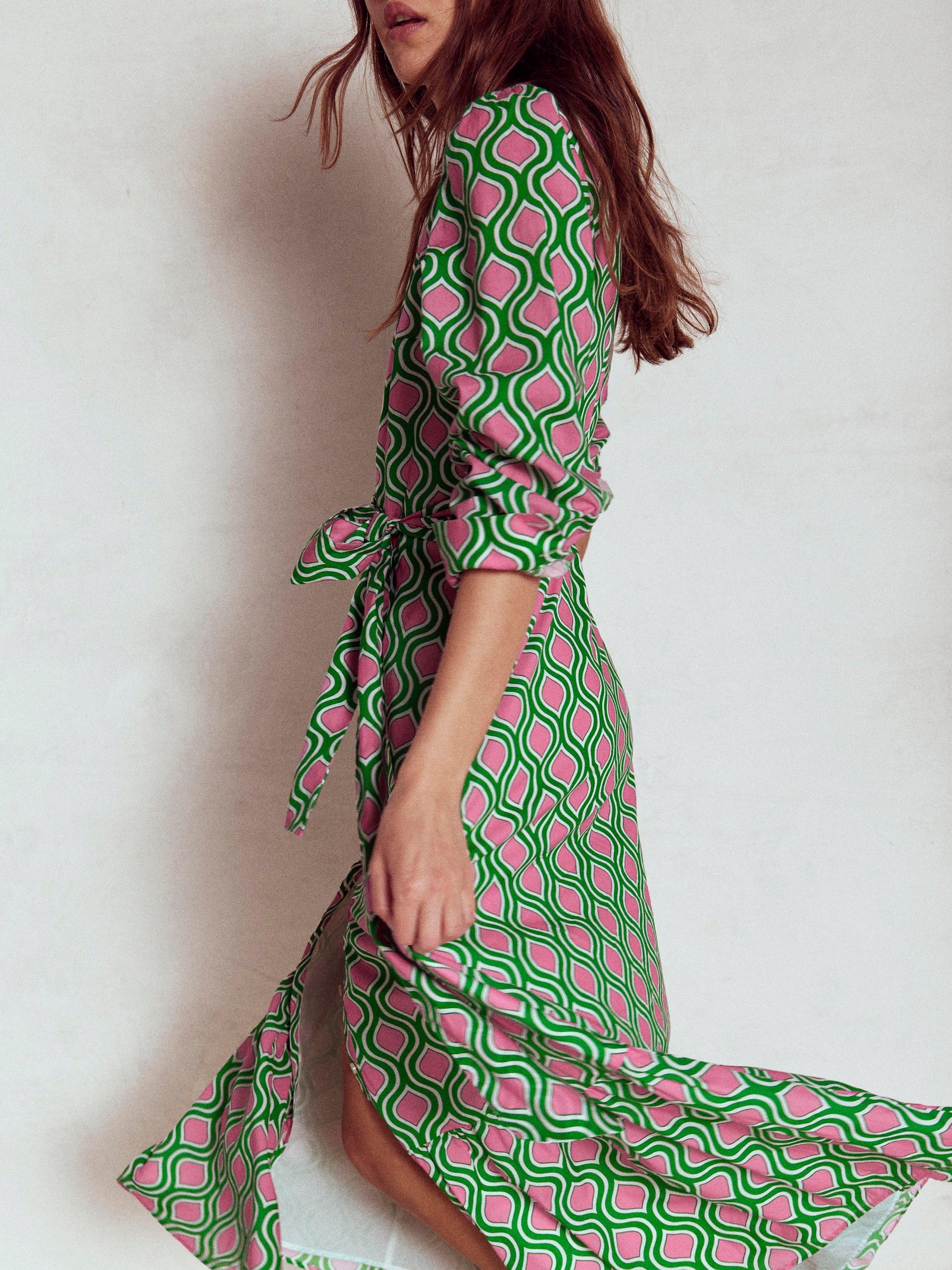 Product image 2 of 6, which shows Boden Mia Tiered Abstract Long Sleeved Cotton Maxi Shirt Dress, Emerald/Multi, 10