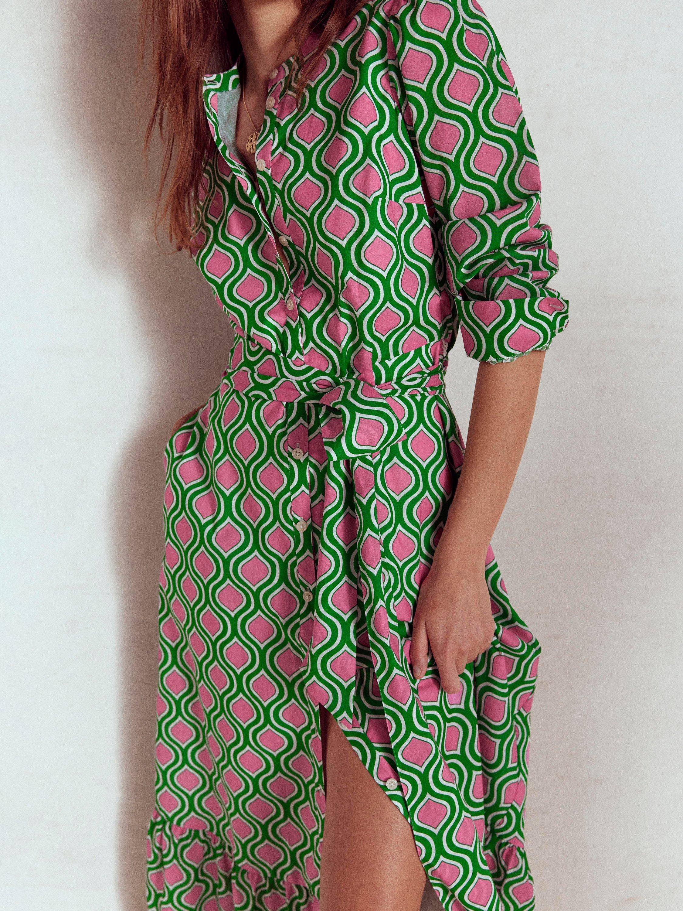 Product image 3 of 6, which shows Boden Mia Tiered Abstract Long Sleeved Cotton Maxi Shirt Dress, Emerald/Multi, 10