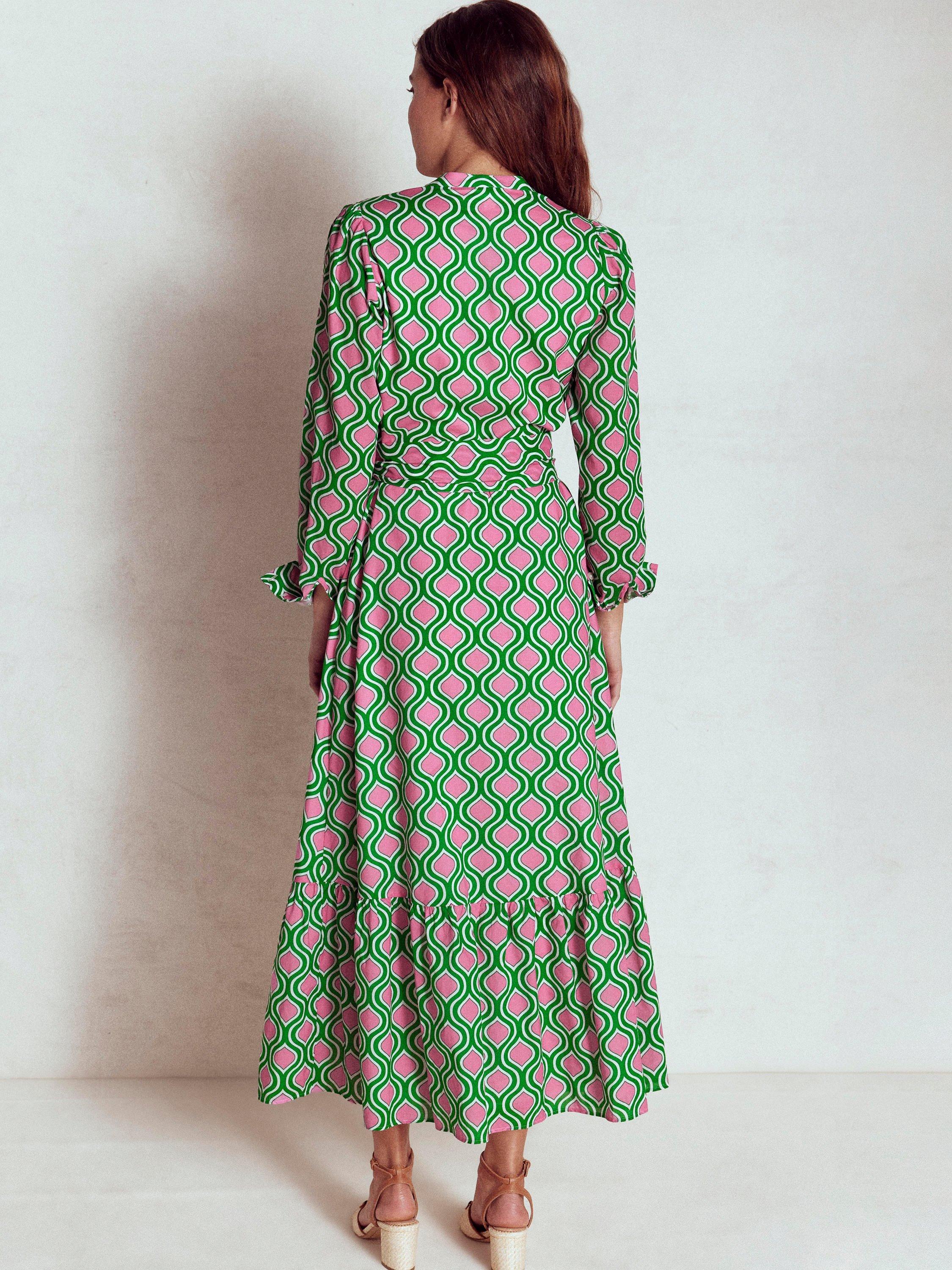 Product image 4 of 6, which shows Boden Mia Tiered Abstract Long Sleeved Cotton Maxi Shirt Dress, Emerald/Multi, 10