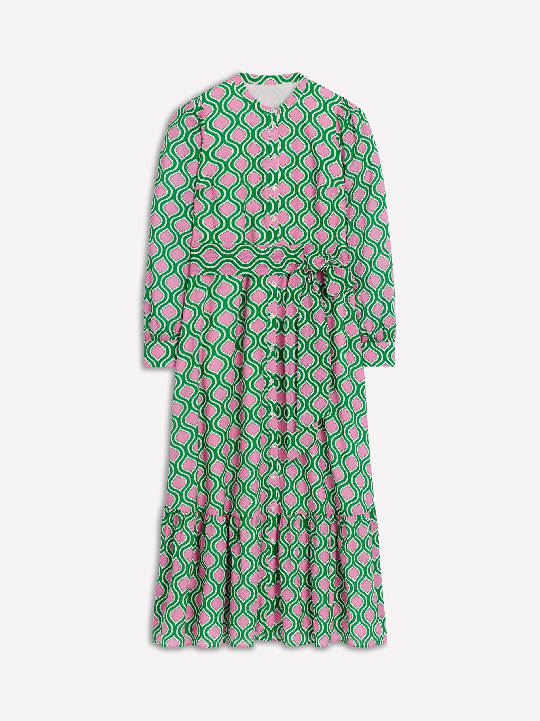 Product image 6 of 6, which shows Boden Mia Tiered Abstract Long Sleeved Cotton Maxi Shirt Dress, Emerald/Multi, 10