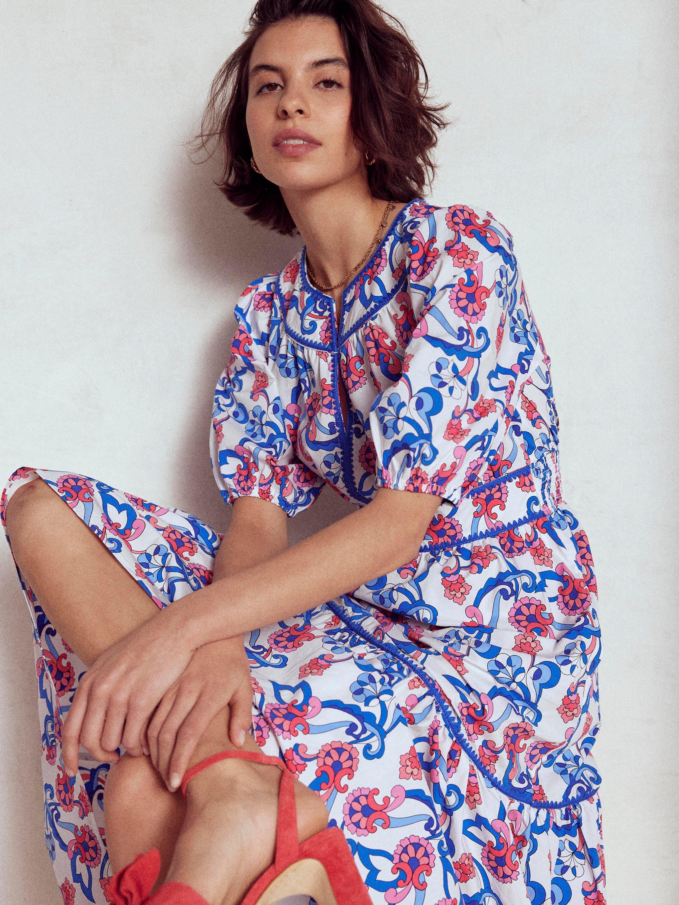 Product image 2 of 5, which shows Boden Rhea V-Neck Floral Tiered Cotton Midi Dress, Ivory/Multi, 10