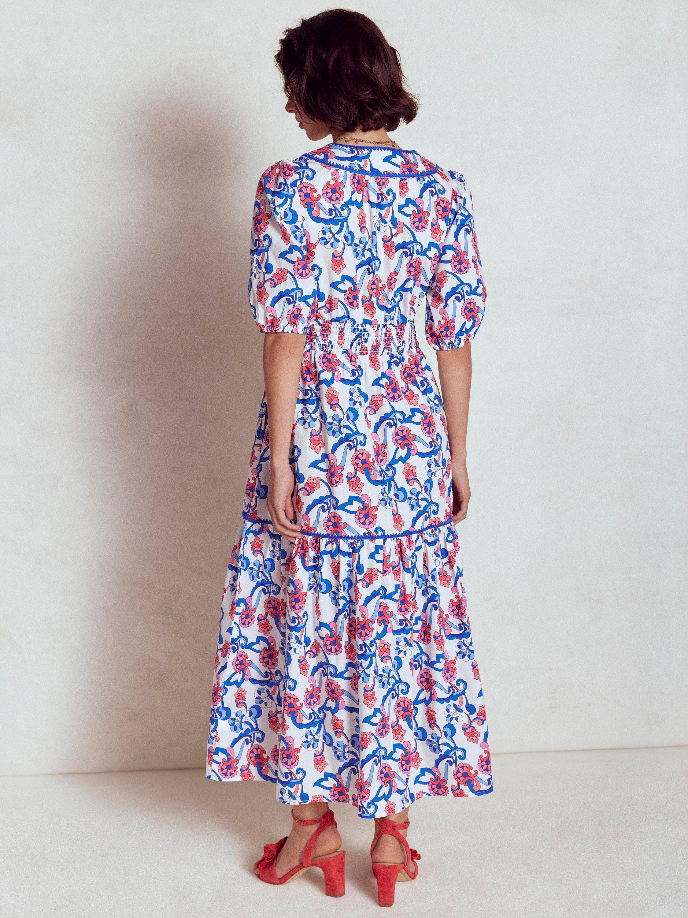 Product image 4 of 5, which shows Boden Rhea V-Neck Floral Tiered Cotton Midi Dress, Ivory/Multi, 10