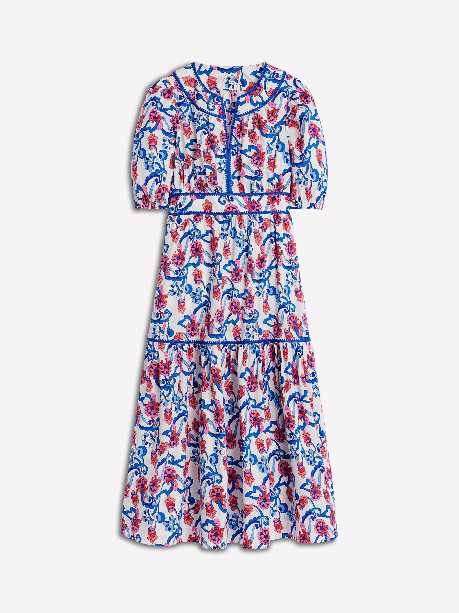 Product image 5 of 5, which shows Boden Rhea V-Neck Floral Tiered Cotton Midi Dress, Ivory/Multi, 10