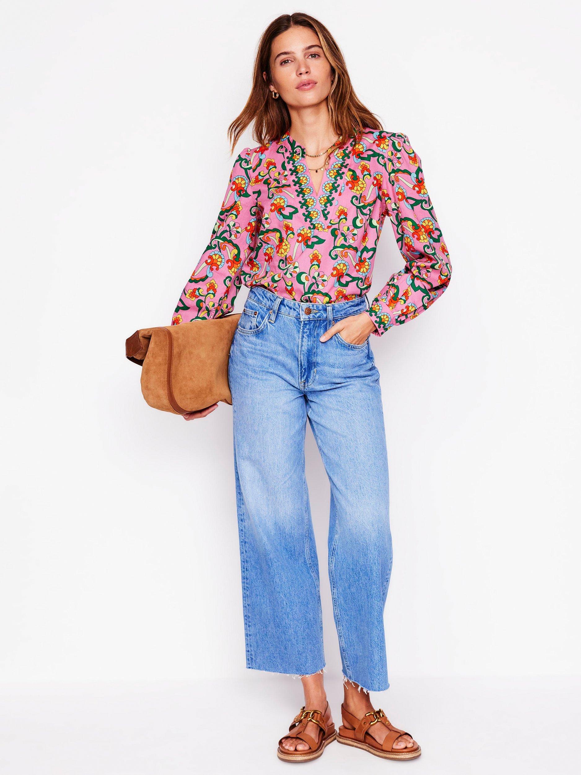 Product image 1 of 5, which shows Boden Floral Notch Neck Top, Pink/Multi, 8