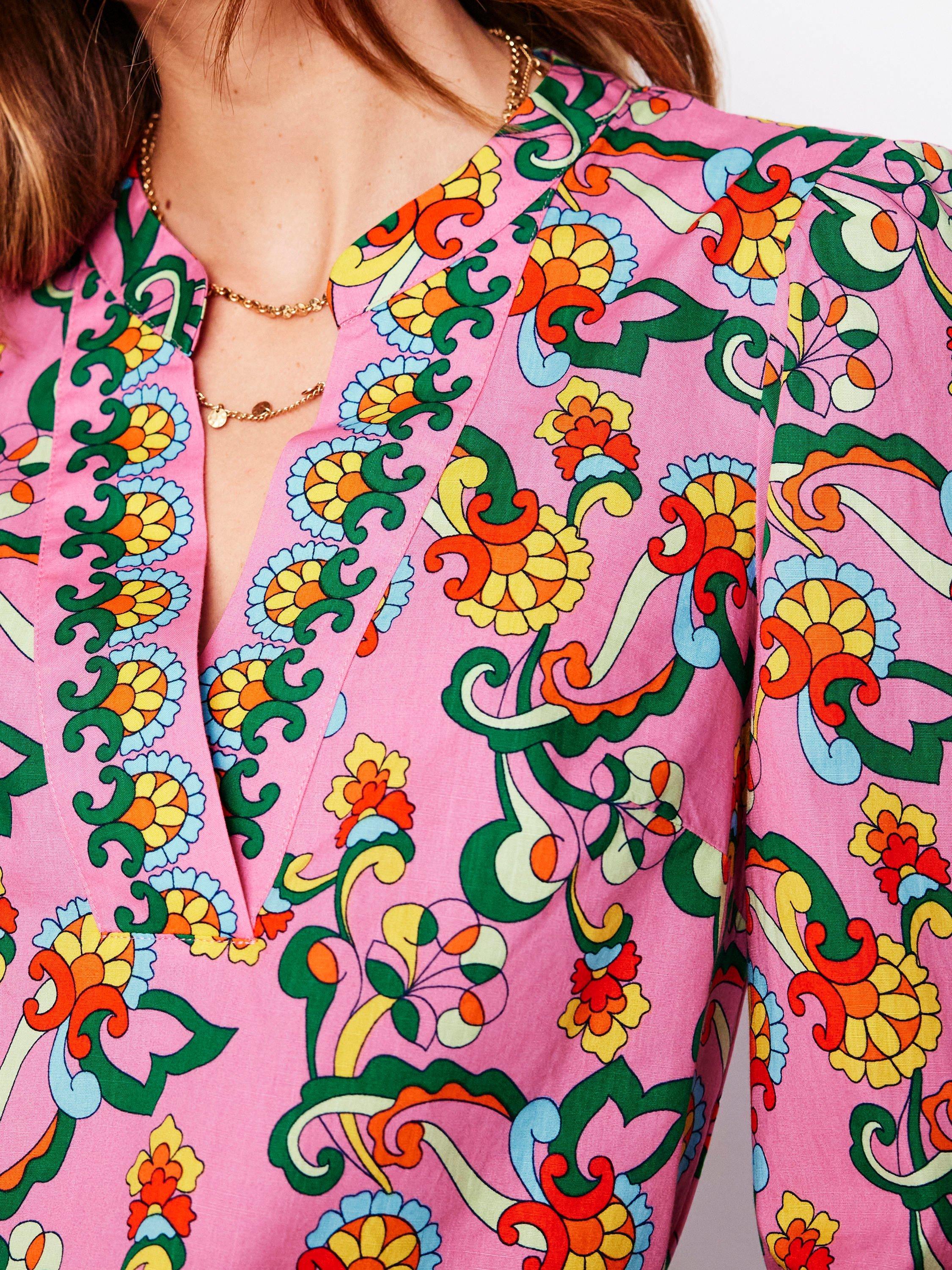 Product image 2 of 5, which shows Boden Floral Notch Neck Top, Pink/Multi, 8