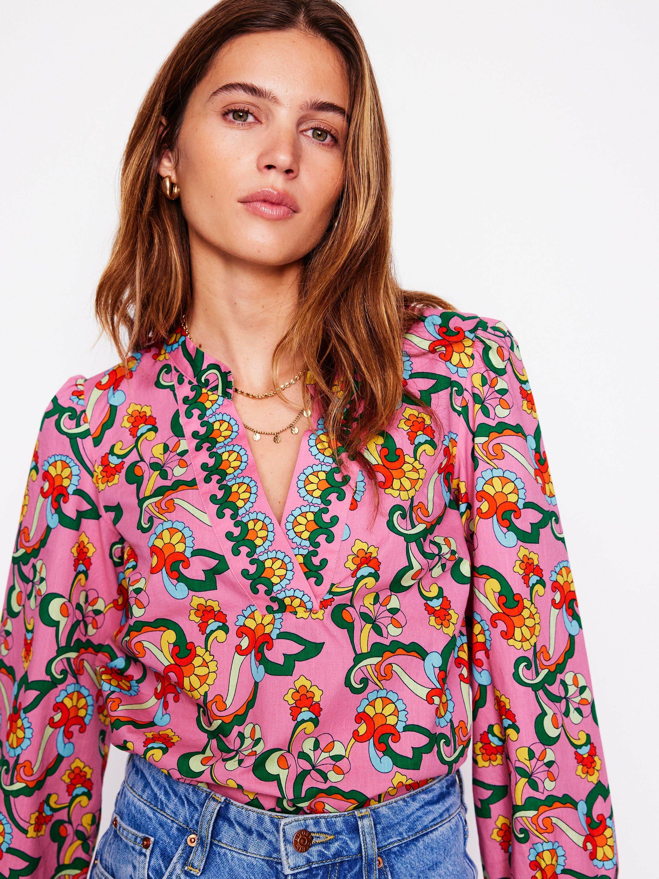Product image 4 of 5, which shows Boden Floral Notch Neck Top, Pink/Multi, 8