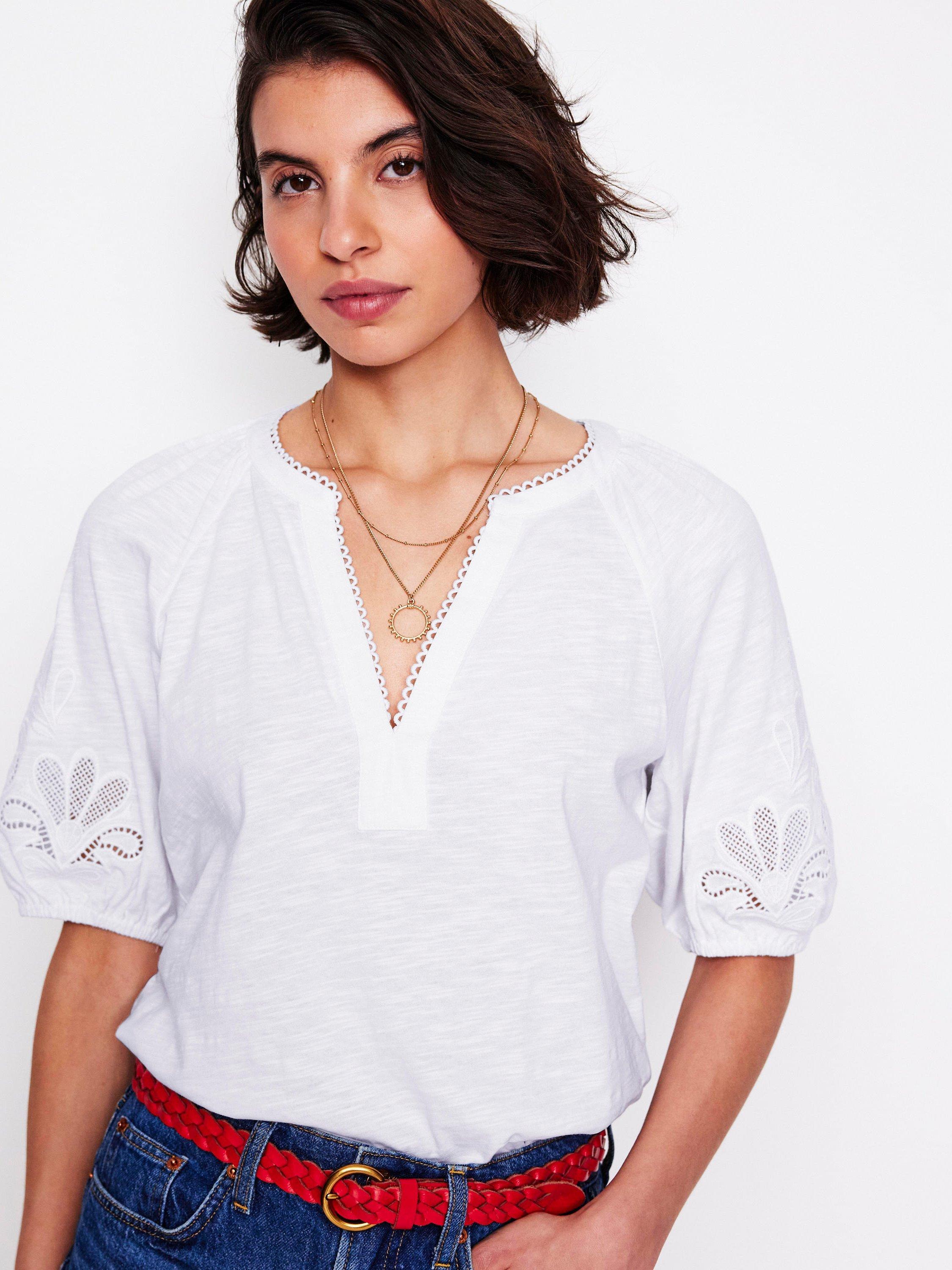 Product image 1 of 5, which shows Boden Cutwork Notch Neck Top, White, 8