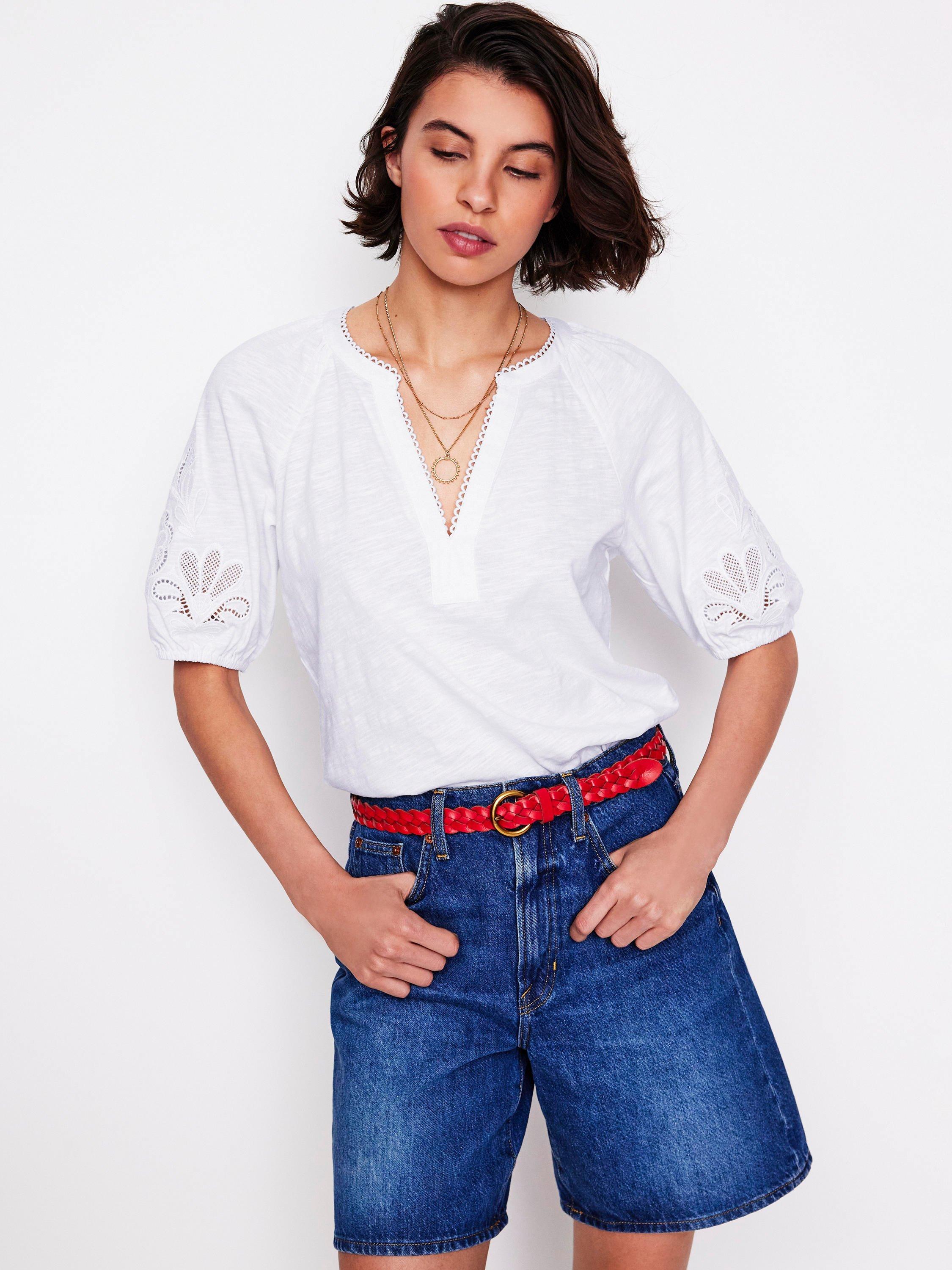 Product image 3 of 5, which shows Boden Cutwork Notch Neck Top, White, 8