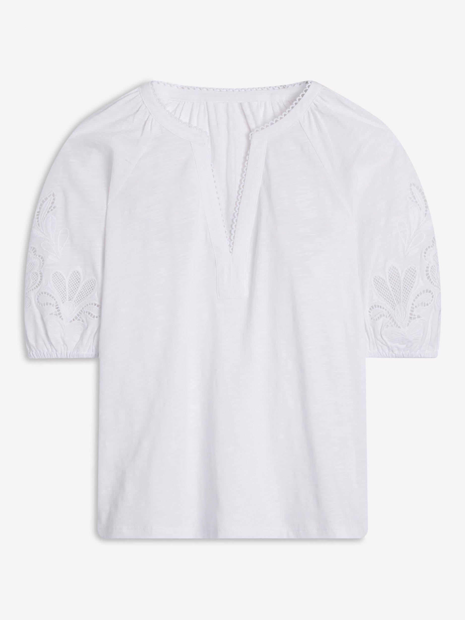Product image 5 of 5, which shows Boden Cutwork Notch Neck Top, White, 8