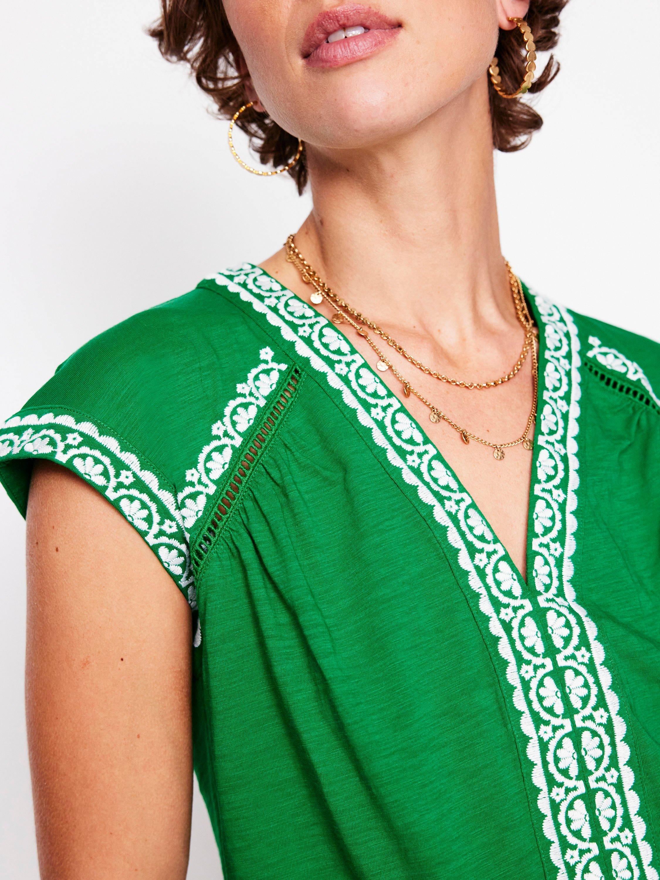 Product image 2 of 5, which shows Boden Hazel Sleeveless Embroidered Cotton Top, Rich Emerald, L