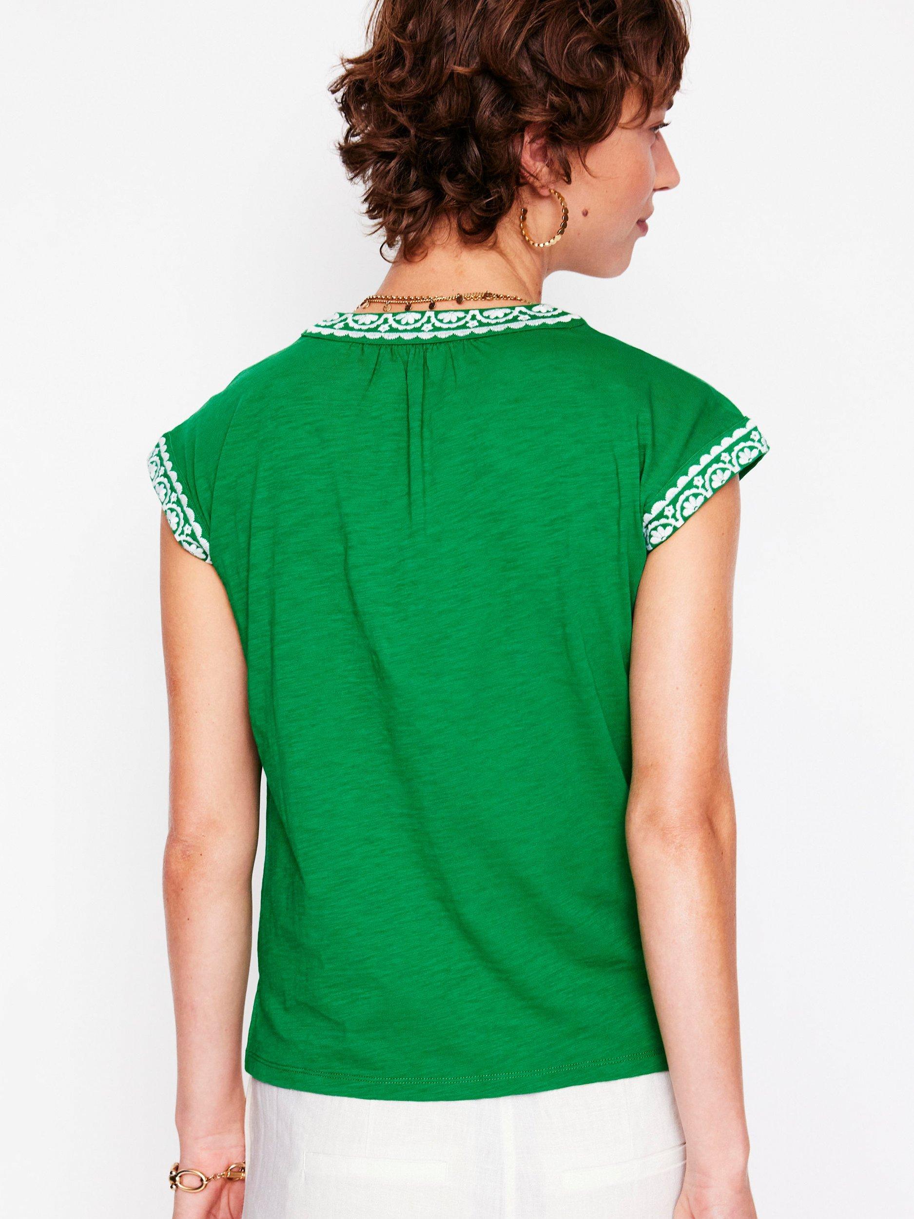 Product image 3 of 5, which shows Boden Hazel Sleeveless Embroidered Cotton Top, Rich Emerald, L