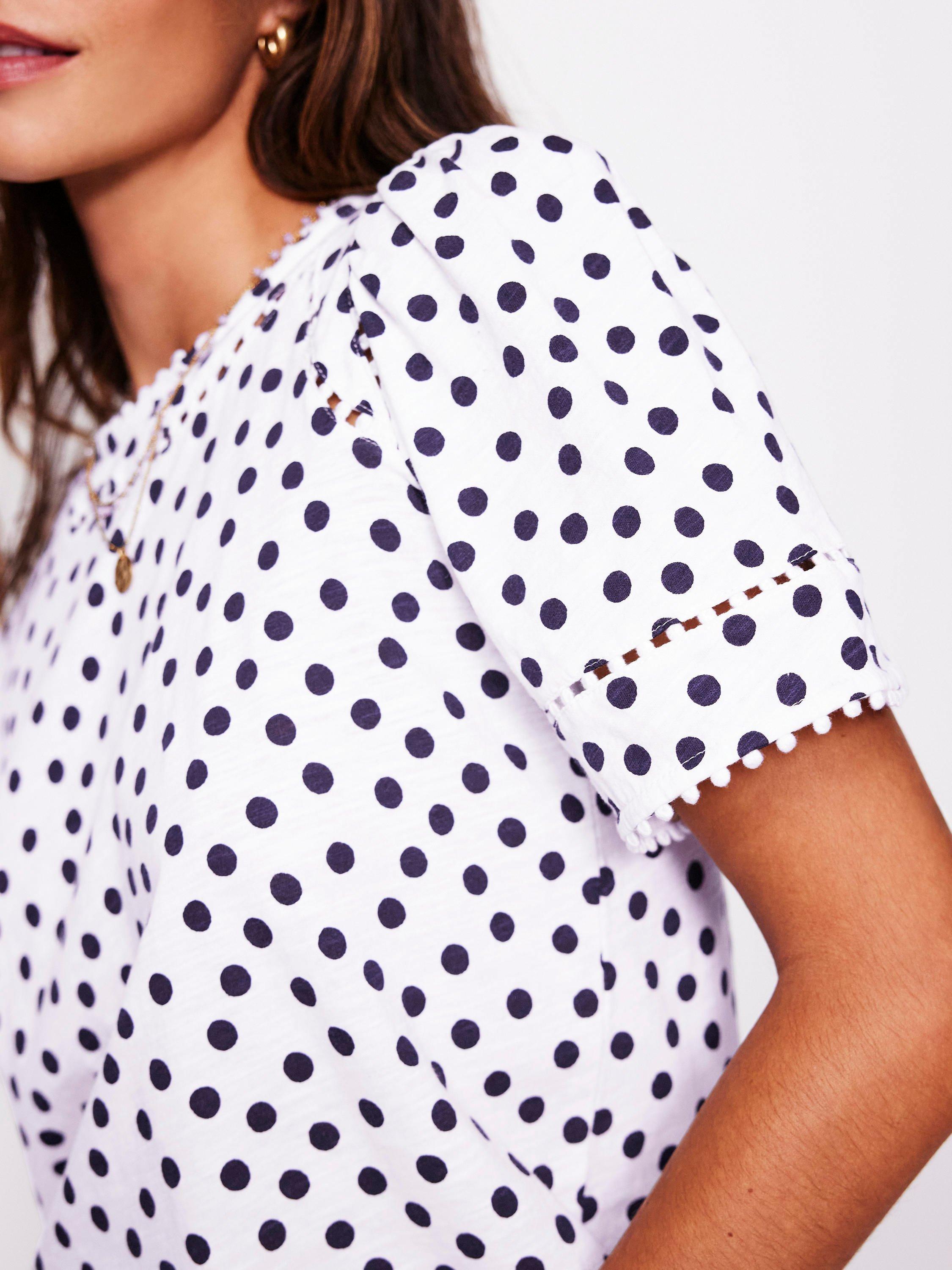 Product image 2 of 5, which shows Boden Mila Trim Detail Short Flutter Sleeve Polka Dot Cotton Blouse, Ivory/Navy, 8