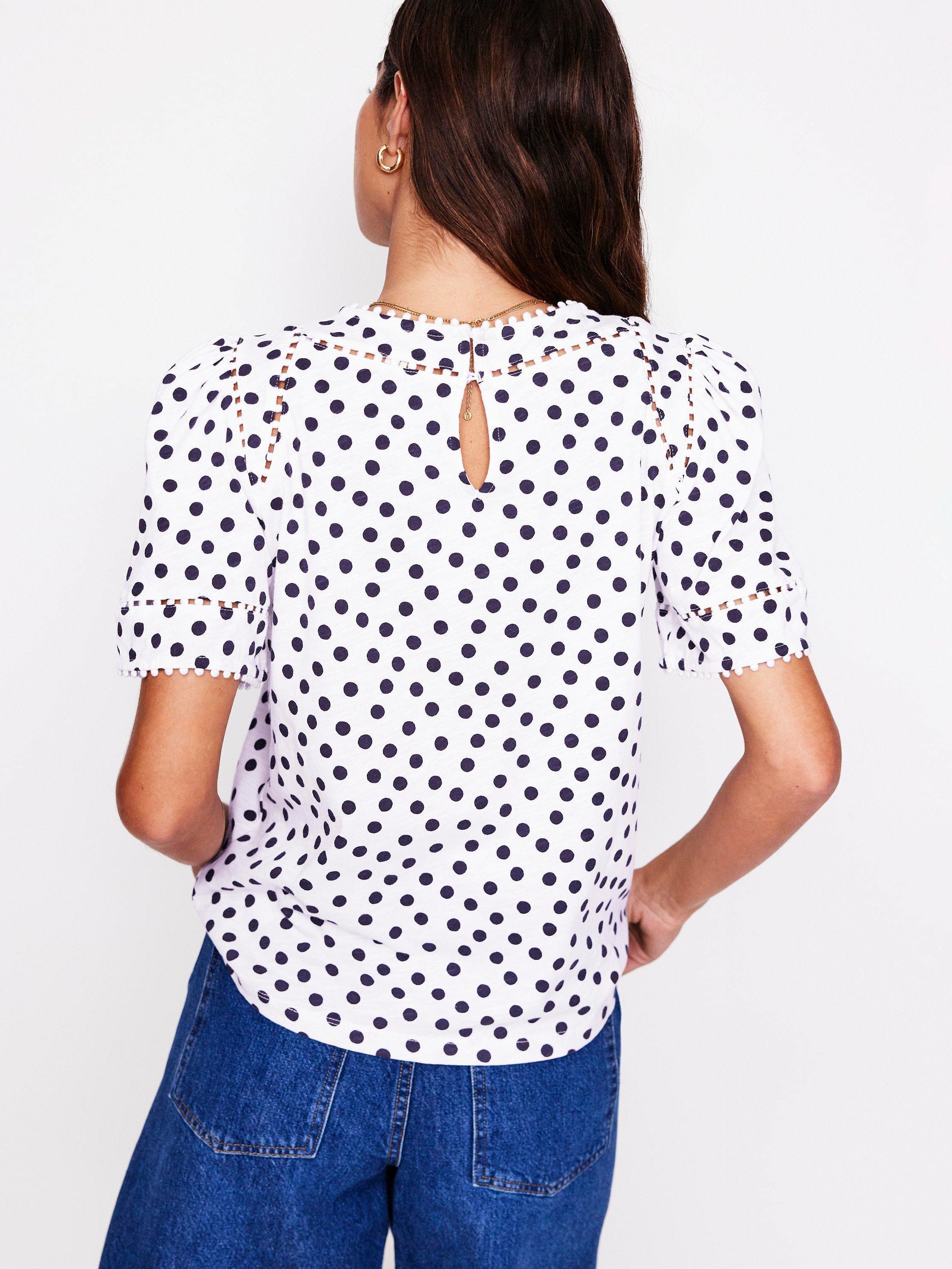 Product image 3 of 5, which shows Boden Mila Trim Detail Short Flutter Sleeve Polka Dot Cotton Blouse, Ivory/Navy, 8