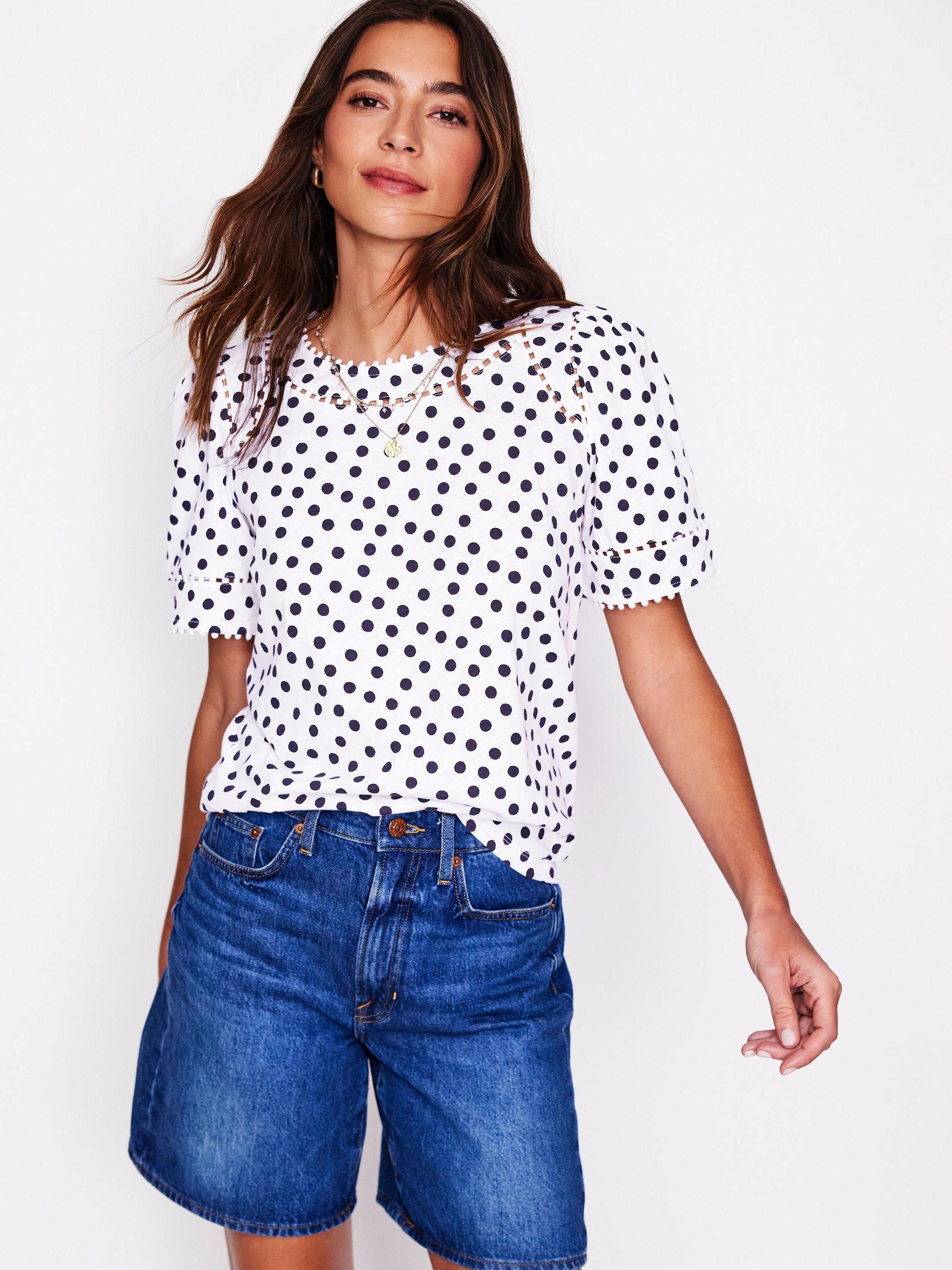 Product image 4 of 5, which shows Boden Mila Trim Detail Short Flutter Sleeve Polka Dot Cotton Blouse, Ivory/Navy, 8