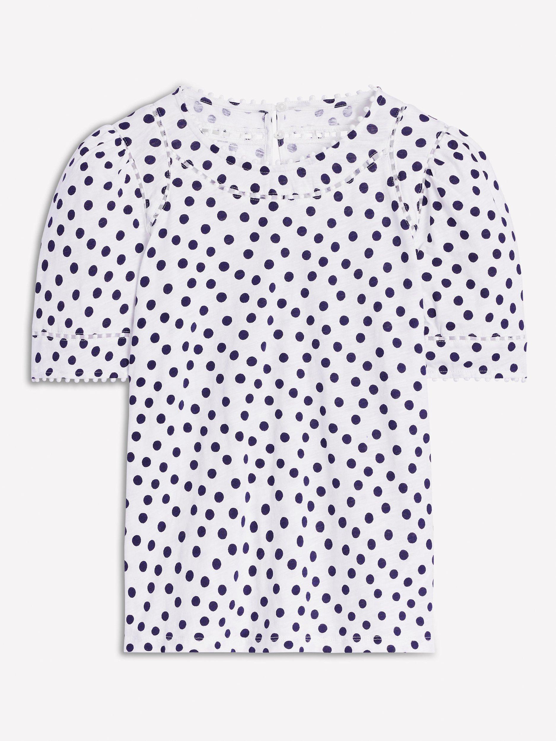Product image 5 of 5, which shows Boden Mila Trim Detail Short Flutter Sleeve Polka Dot Cotton Blouse, Ivory/Navy, 8