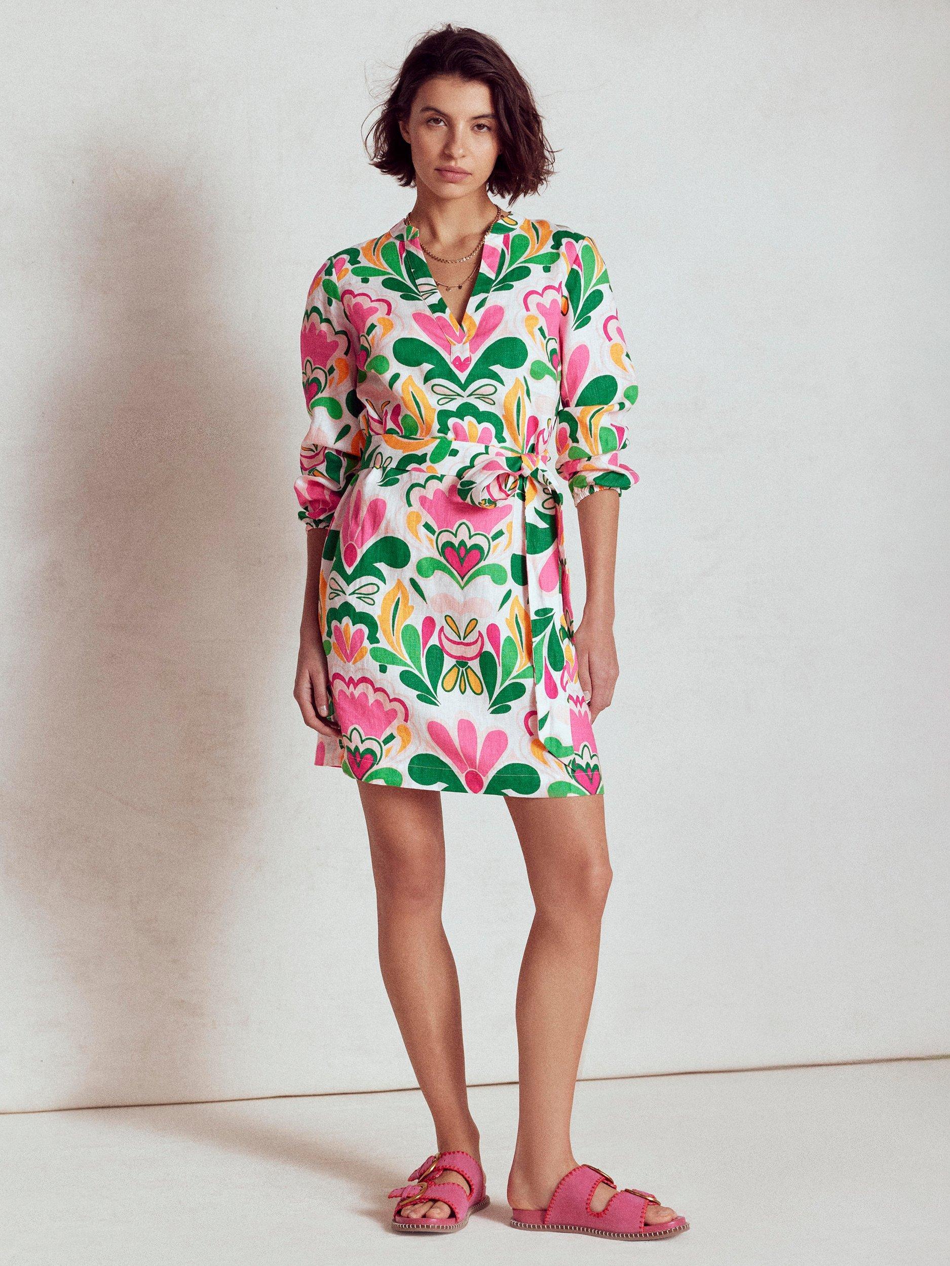Product image 1 of 6, which shows Boden Cleo Tie Waist Floral Pure Linen Dress, Multi, 10