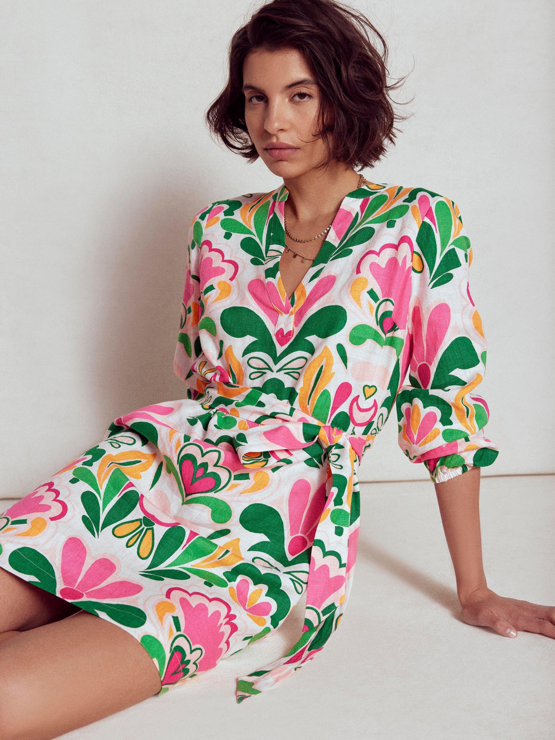 Product image 4 of 6, which shows Boden Cleo Tie Waist Floral Pure Linen Dress, Multi, 10