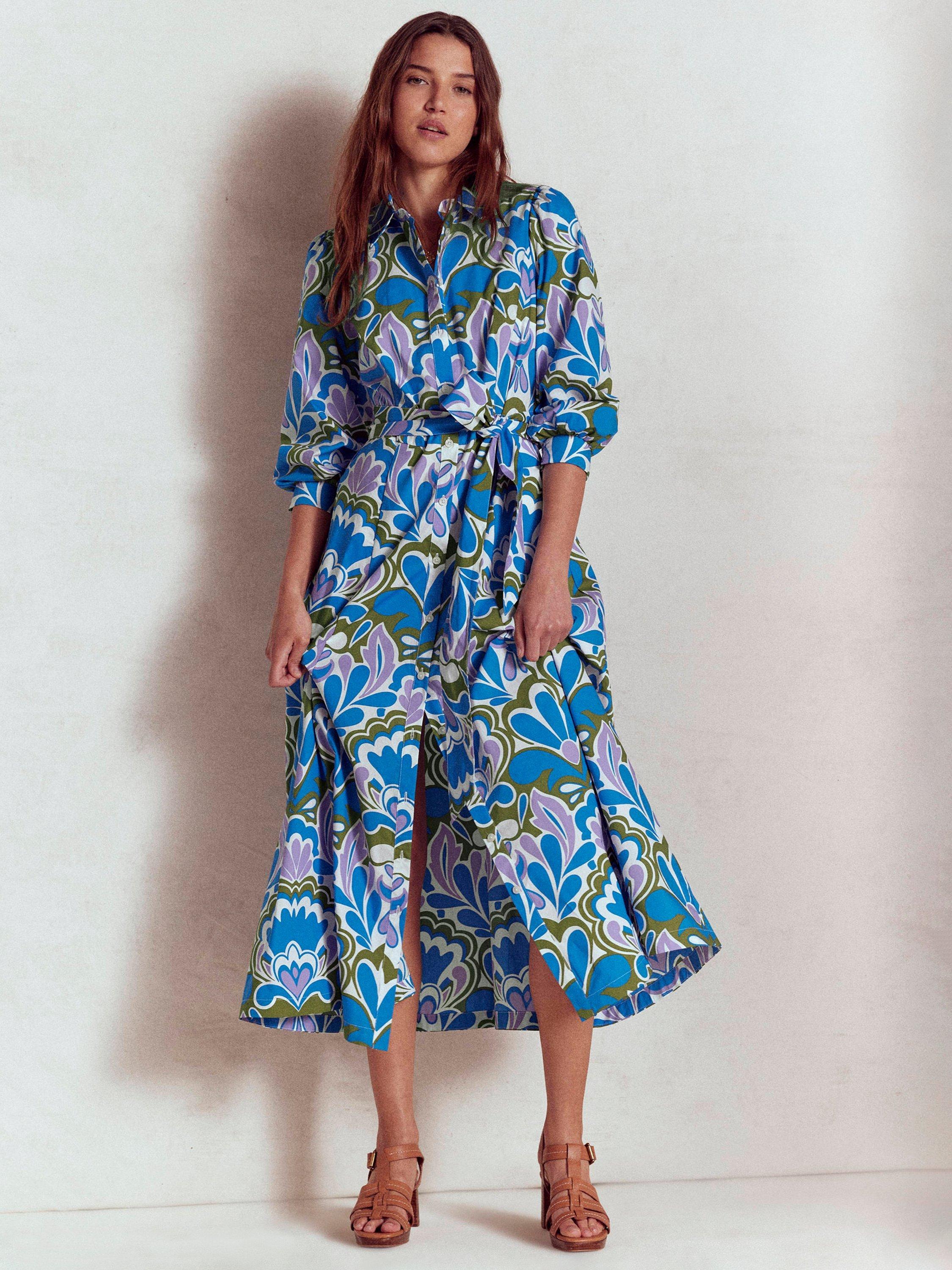 Product image 1 of 5, which shows Boden Clara Floral Belted Cotton Midi Shirt Dress, Blue/Multi, 8