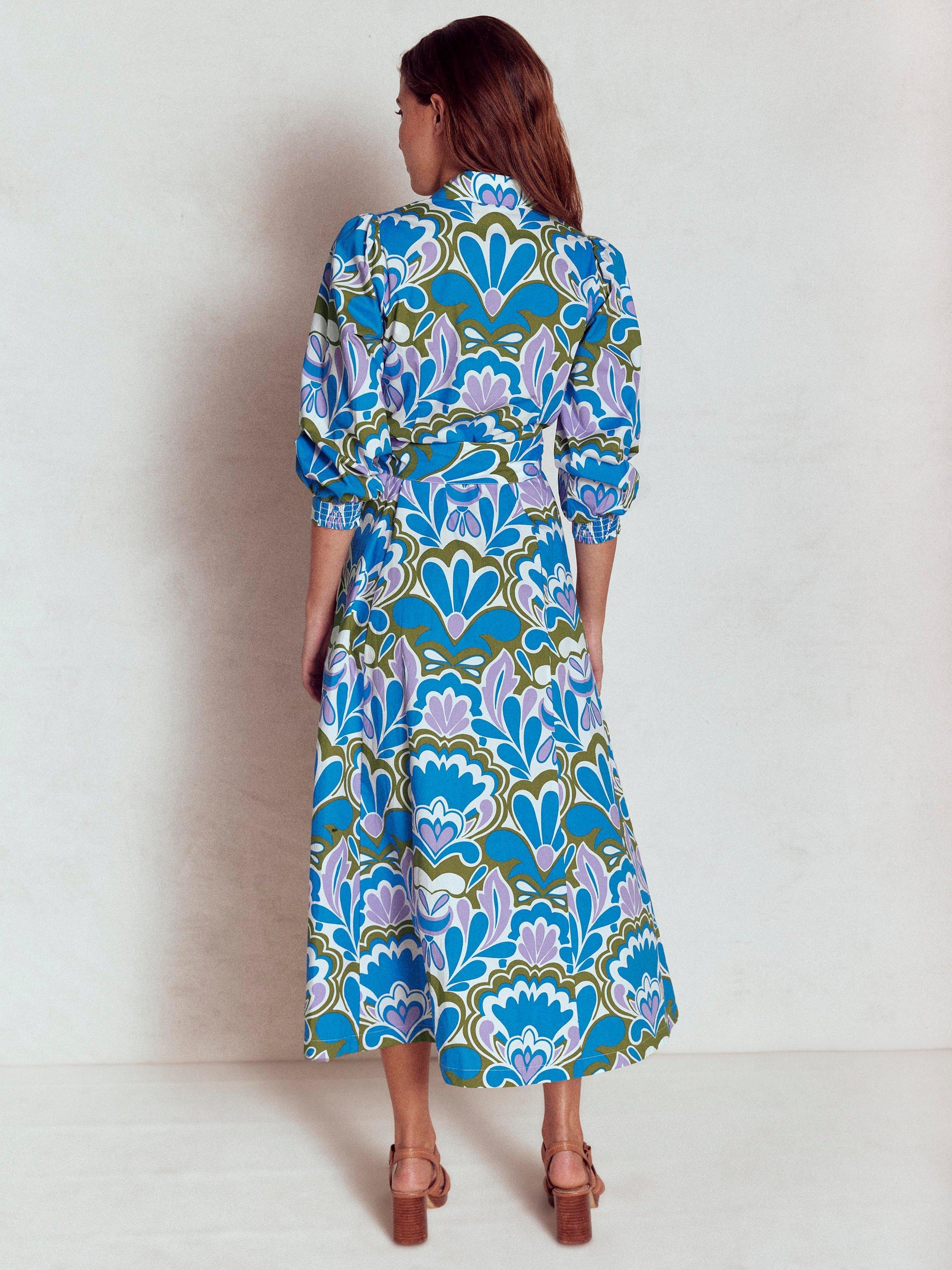 Product image 3 of 5, which shows Boden Clara Floral Belted Cotton Midi Shirt Dress, Blue/Multi, 8