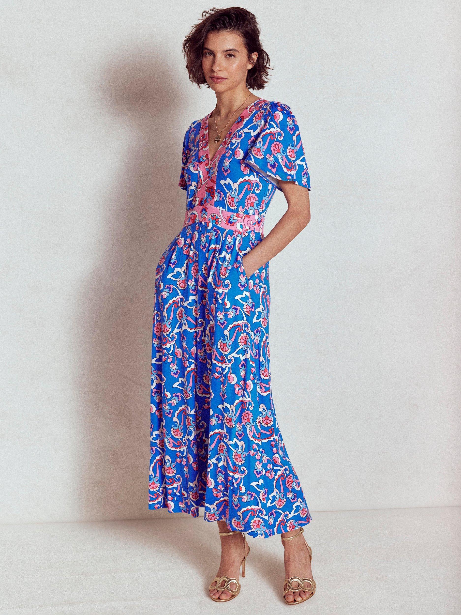 Product image 1 of 5, which shows Boden Ellie Floral Flutter Maxi Tea Dress, Blue/Multi, 8