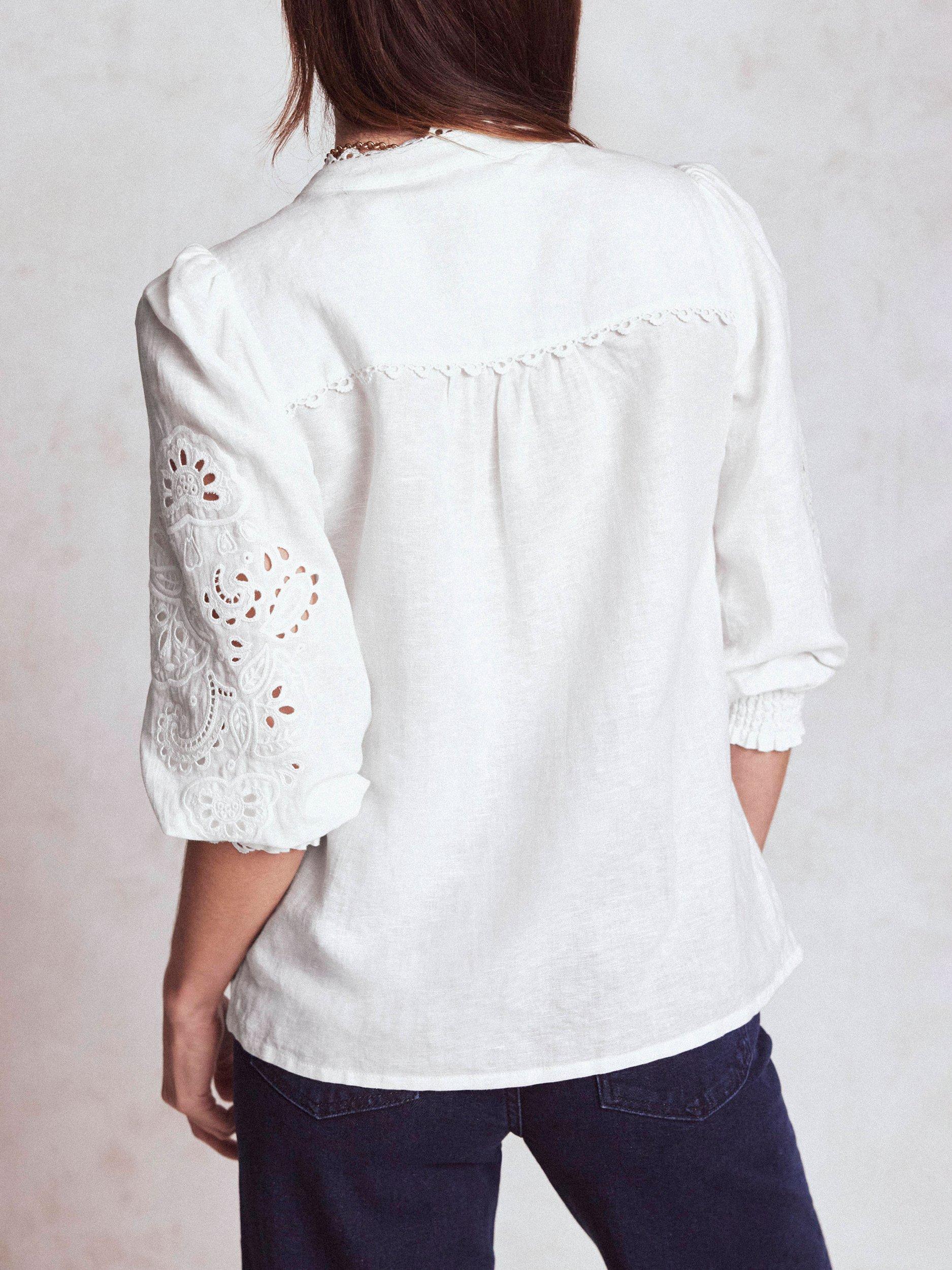 Product image 3 of 4, which shows Boden Alicia Linen Rich Cutwork Top, White, 10