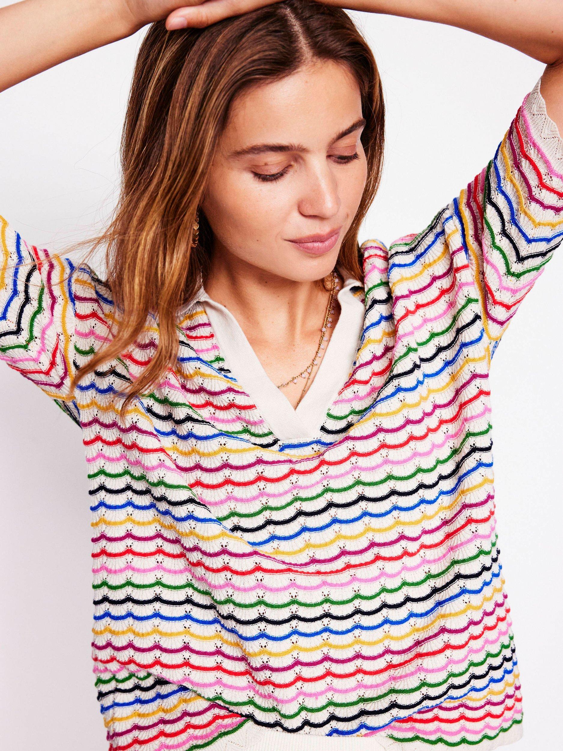 Product image 2 of 6, which shows Boden Scallop Stripe Collared Henley Jumper, Multi, L