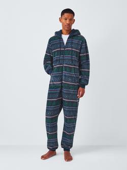 John Lewis Recycled Fairisle Christmas Hooded Onesie, Blue Navy, Blue Navy