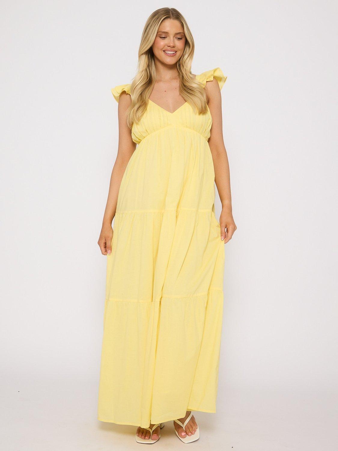 Product image 1 of 6, which shows South Beach Frill Sleeve Tiered Maxi Dress, Yellow, 10